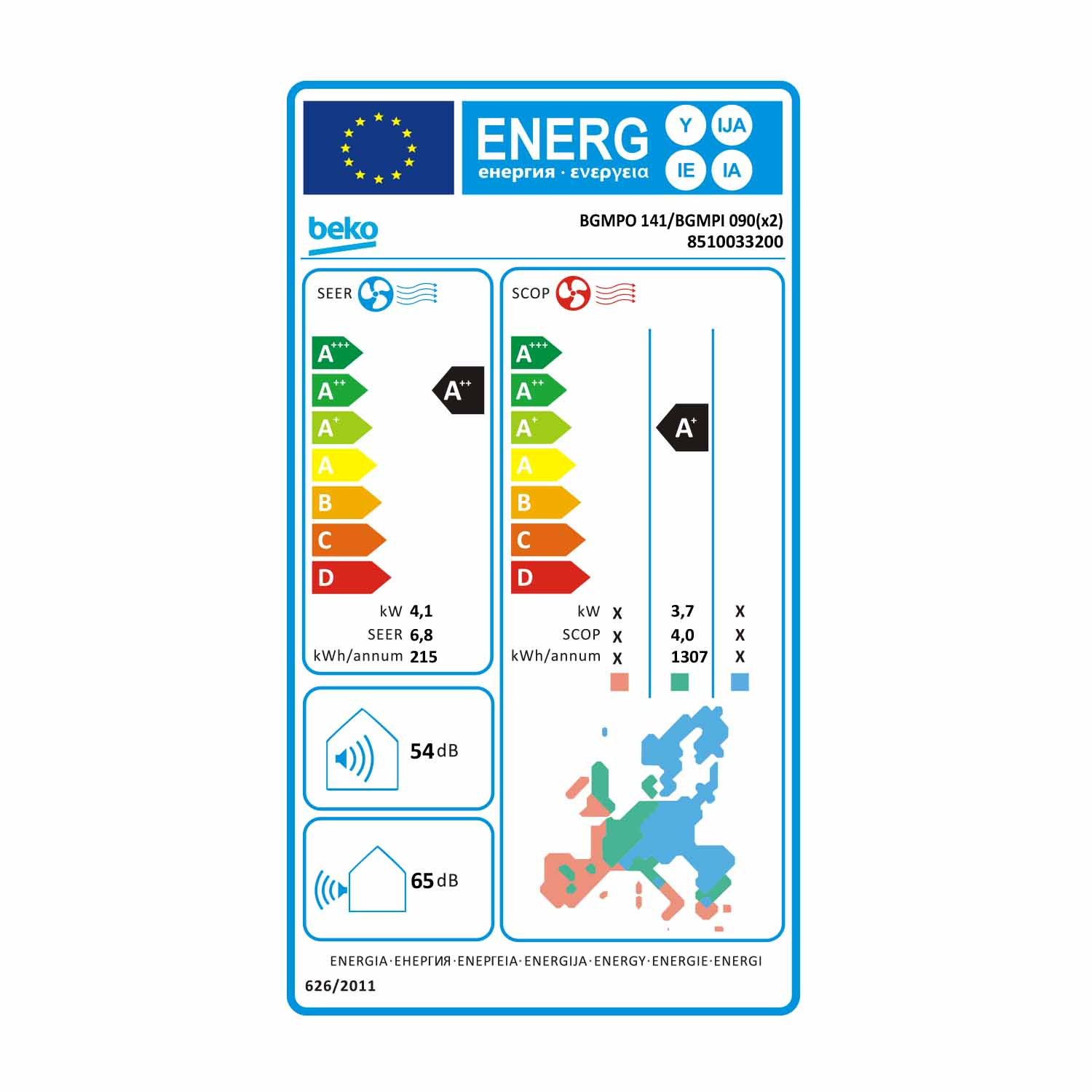 Un'etichetta energetica con valutazioni per un elettrodomestico Beko. Include dettagli sull'efficienza energetica.