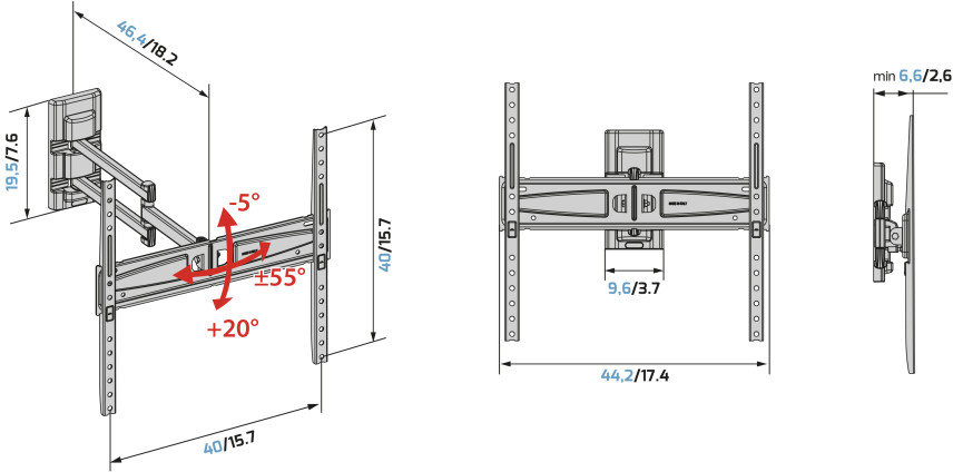 TV fali konzol diagramja. Méreteket, szögeket és mozgási fokokat mutat.