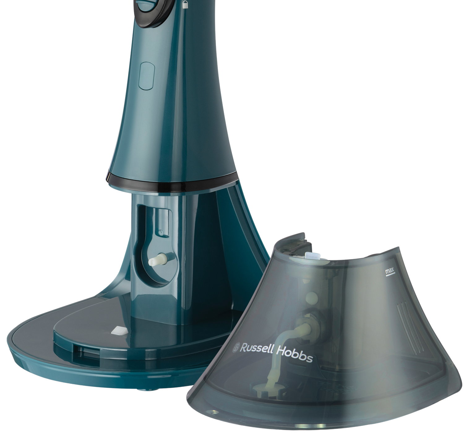 Türkizkék készülék, leválasztott víztartállyal. Fehér háttér. Russell Hobbs logó.