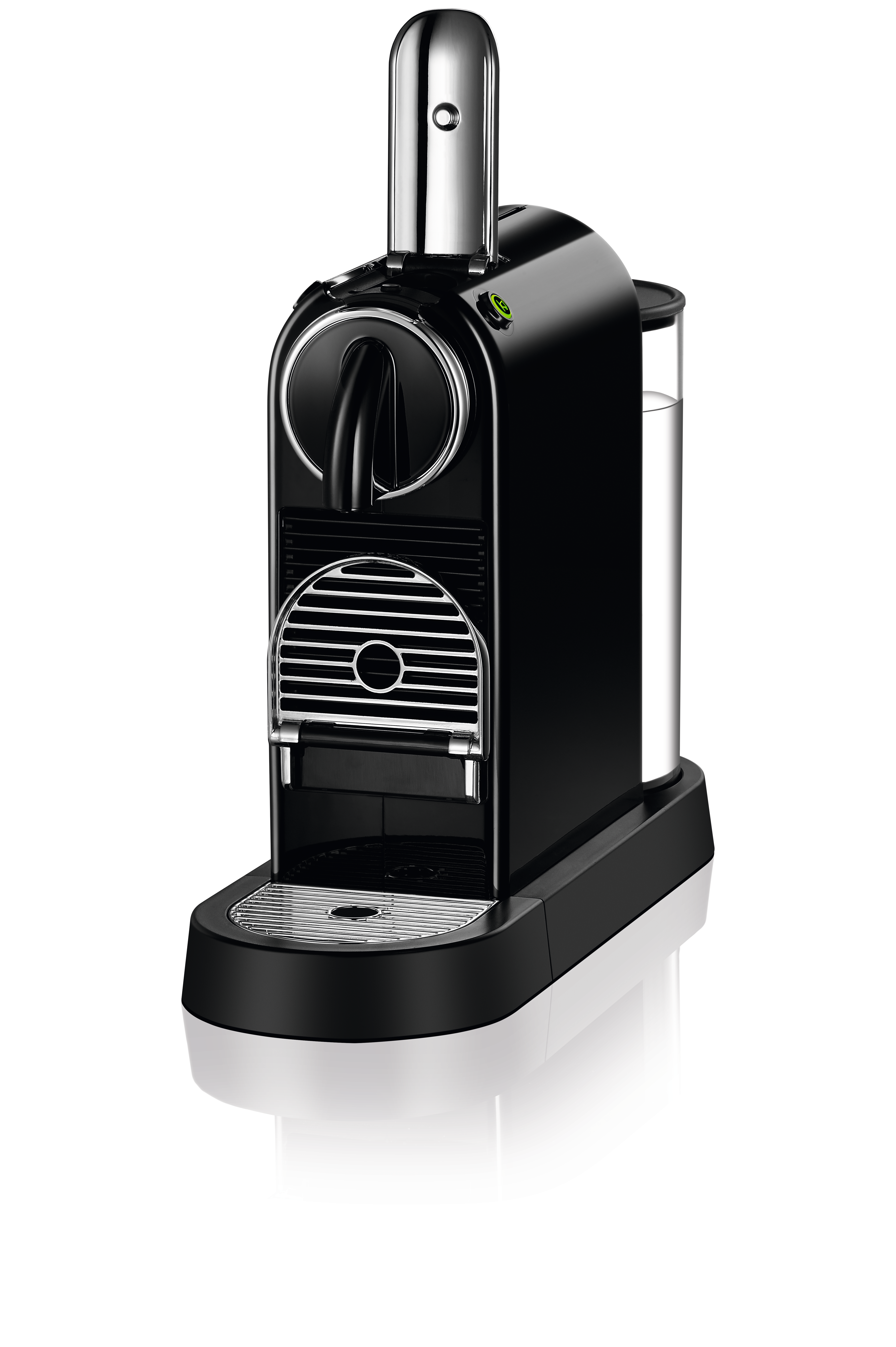 Black Nespresso coffee machine, front view, with a water tank and a chrome handle.