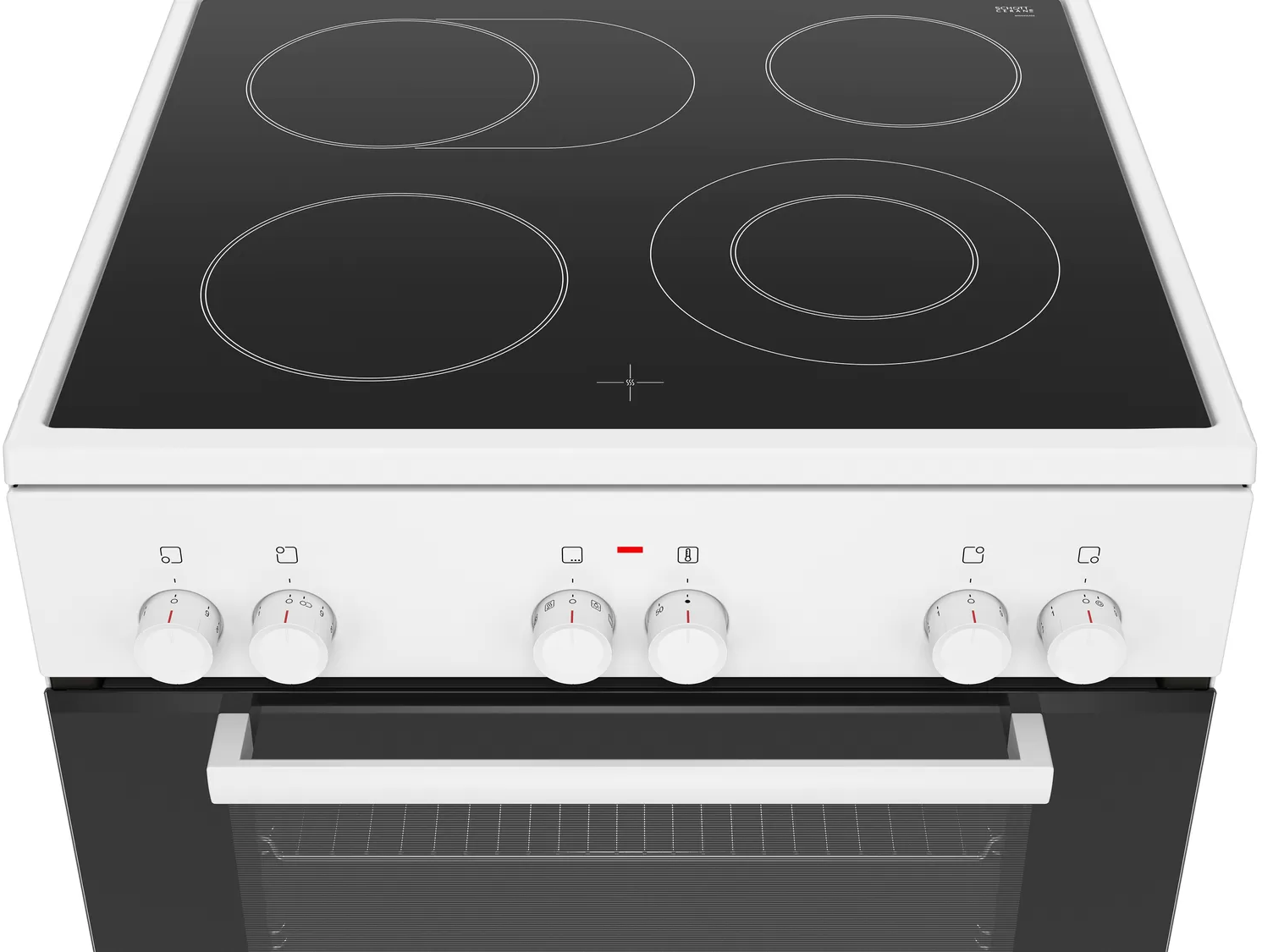 Ein weißer Elektroherd mit schwarzem Kochfeld und vier kreisförmigen Heizelementen. Knöpfe und eine Backofentür sind sichtbar.