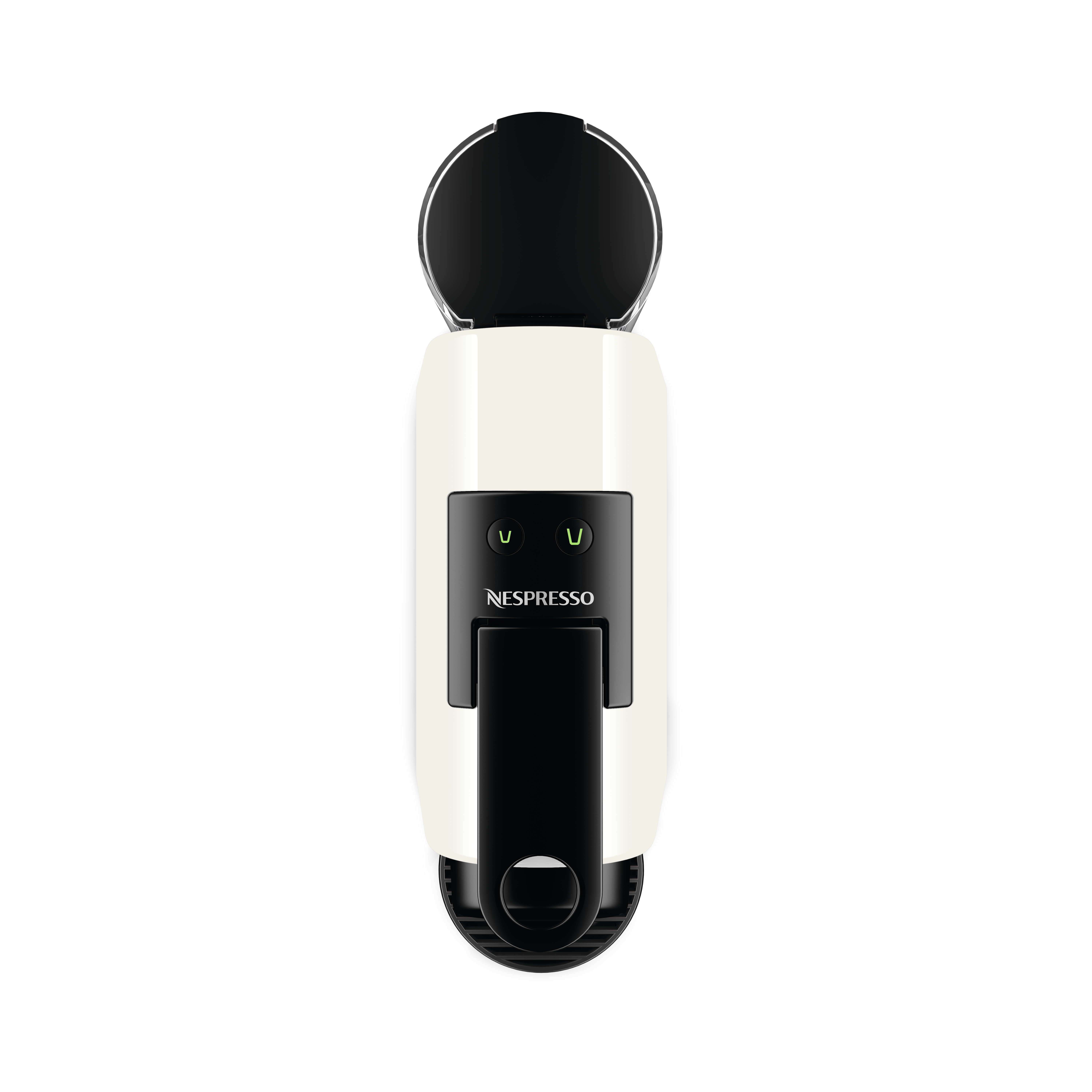 Vue de dessus d'une machine Nespresso blanche avec couvercle ouvert, détails noirs et logo.