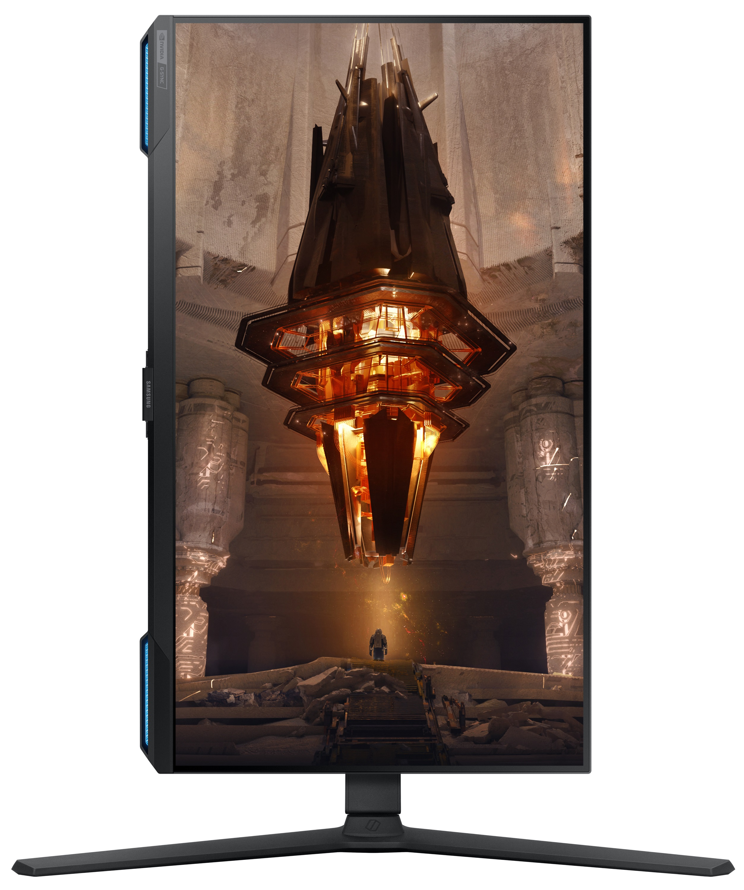 Duży czarny monitor komputera wyświetla fantastyczną scenę. Monitor stoi na stojaku.