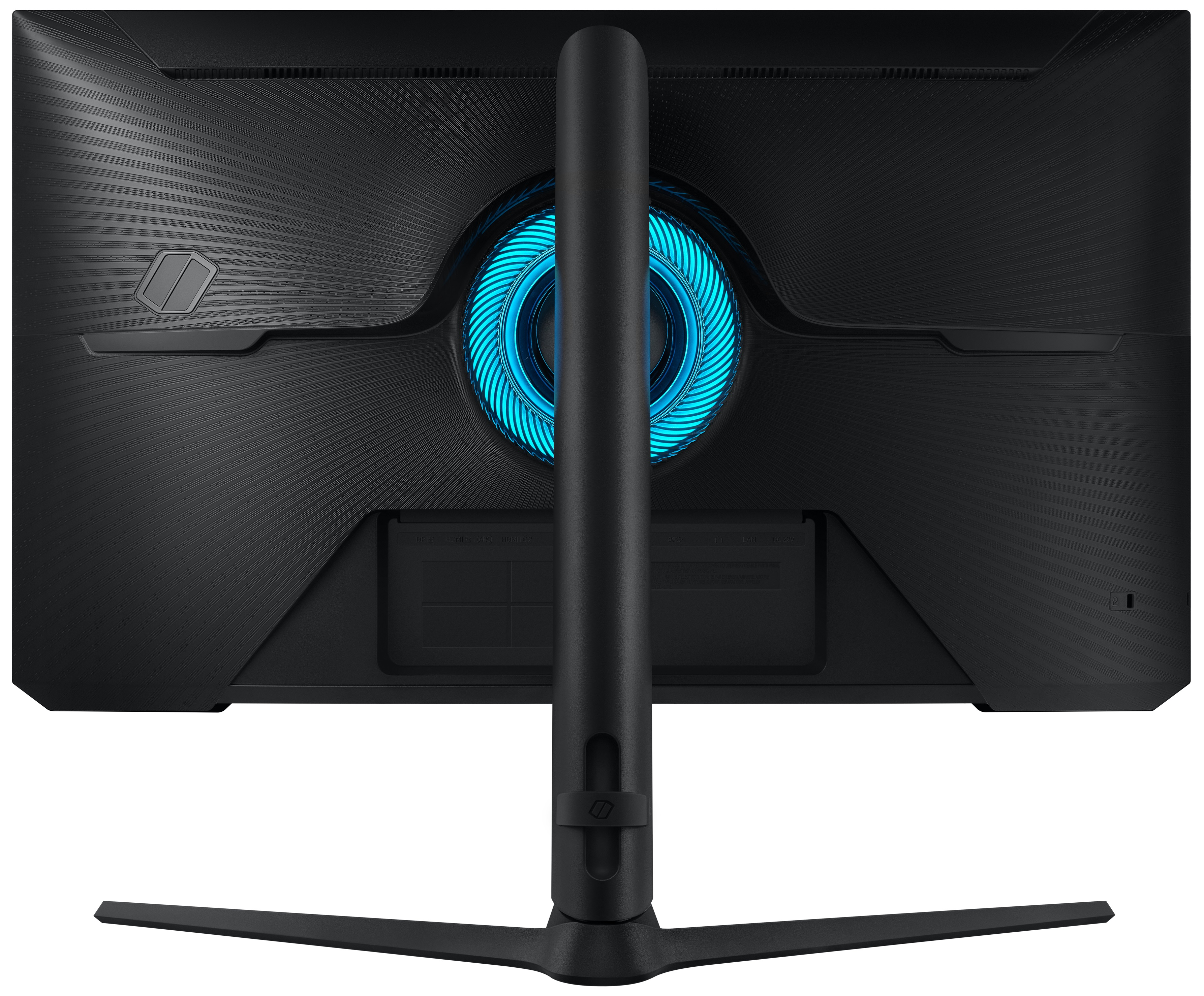 Widok z tyłu czarnego monitora komputera z niebieskim światłem.