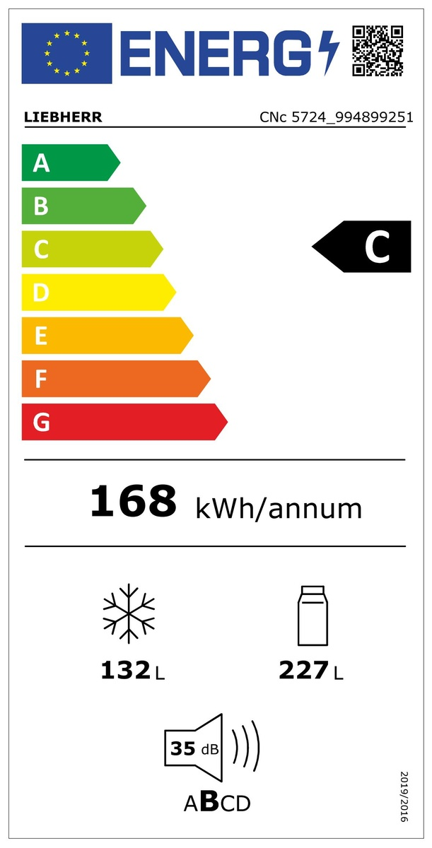 Energia címke egy Liebherr hűtőszekrényhez. Energiahatékonyságot és specifikációkat mutat.