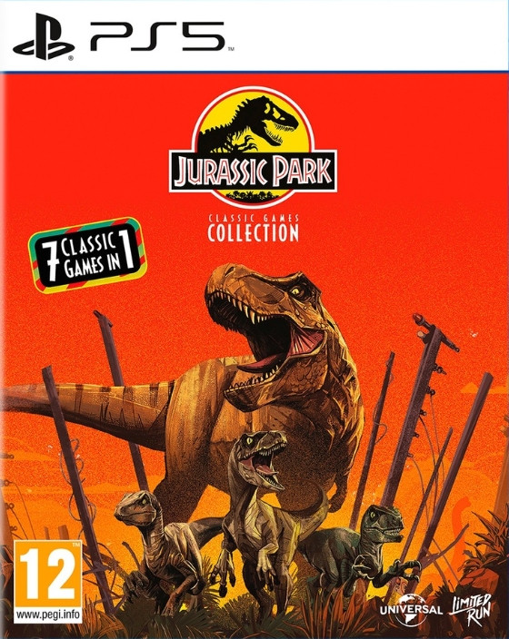 Jurassic Park videogame cover, een dinosaurus scène met meerdere dino's en een rode achtergrond.