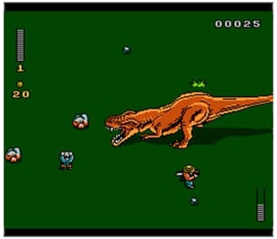 8-bits spelscène van een dinosaurus die een man met een geweer achtervolgt.