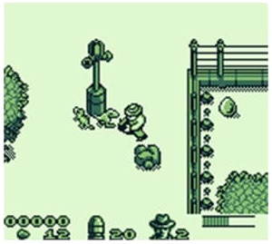 Een gepixeleerde game scene met een man, dinosaurussen en planten in een groene omgeving.