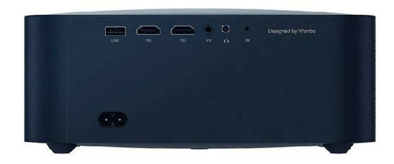 Tył niebieskiego projektora, z portami USB, HDMI, AV i wejściem zasilania.