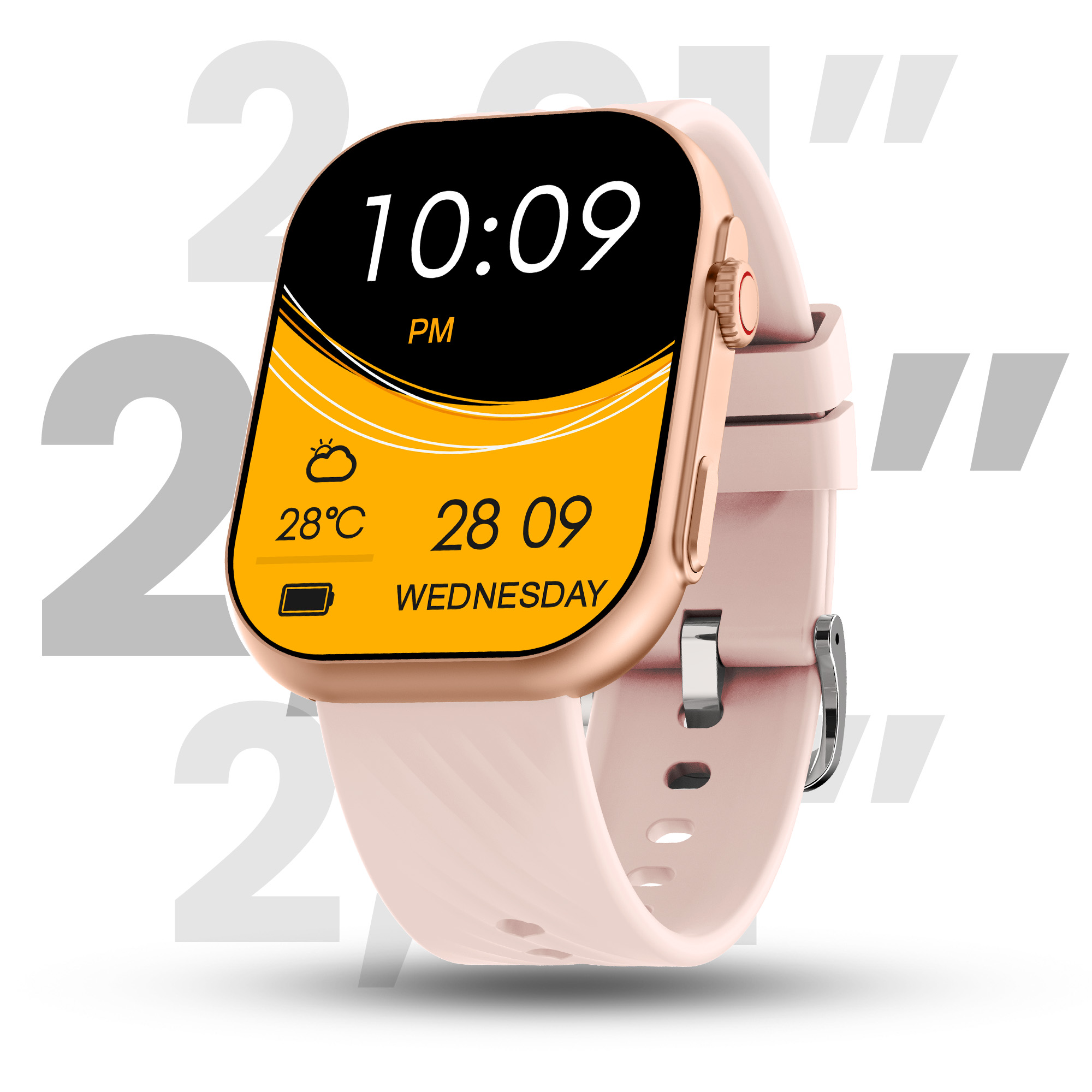 Różowy smartwatch z jasnym, żółtym wyświetlaczem pokazującym godzinę, datę i temperaturę.