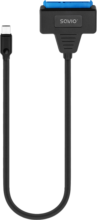 Fekete USB-C - SATA kábel, SATA portot csatlakoztat kék csatlakozóval, fehér felületen.