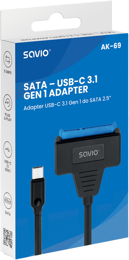 SATA-USB-C 3.1 Gen 1 adapter doboz, kék és fehér, adapterrel és kábellel.