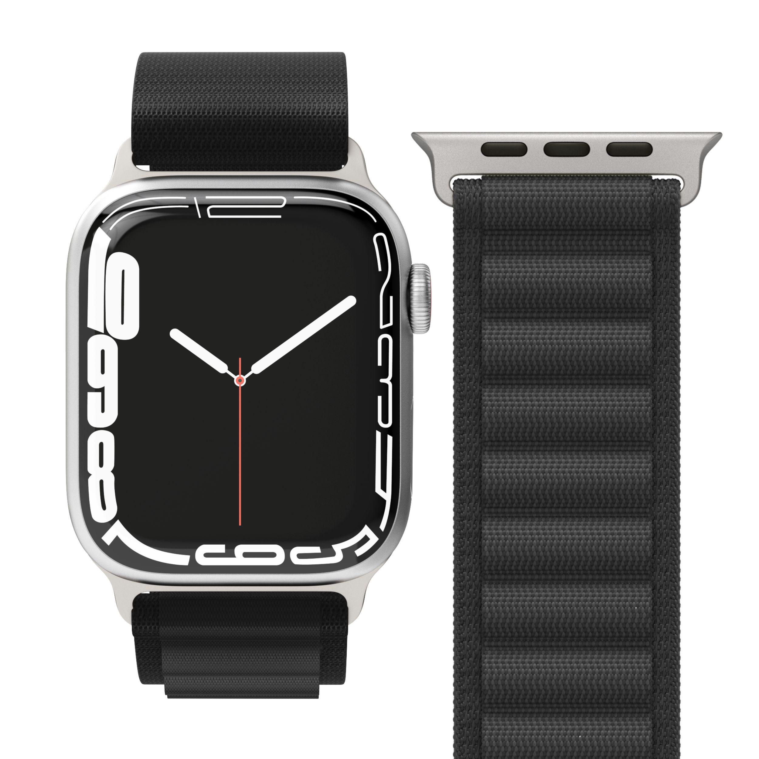 Silberne Apple Watch mit schwarzem Armband, Seitenansicht der Uhr und des Armbands.