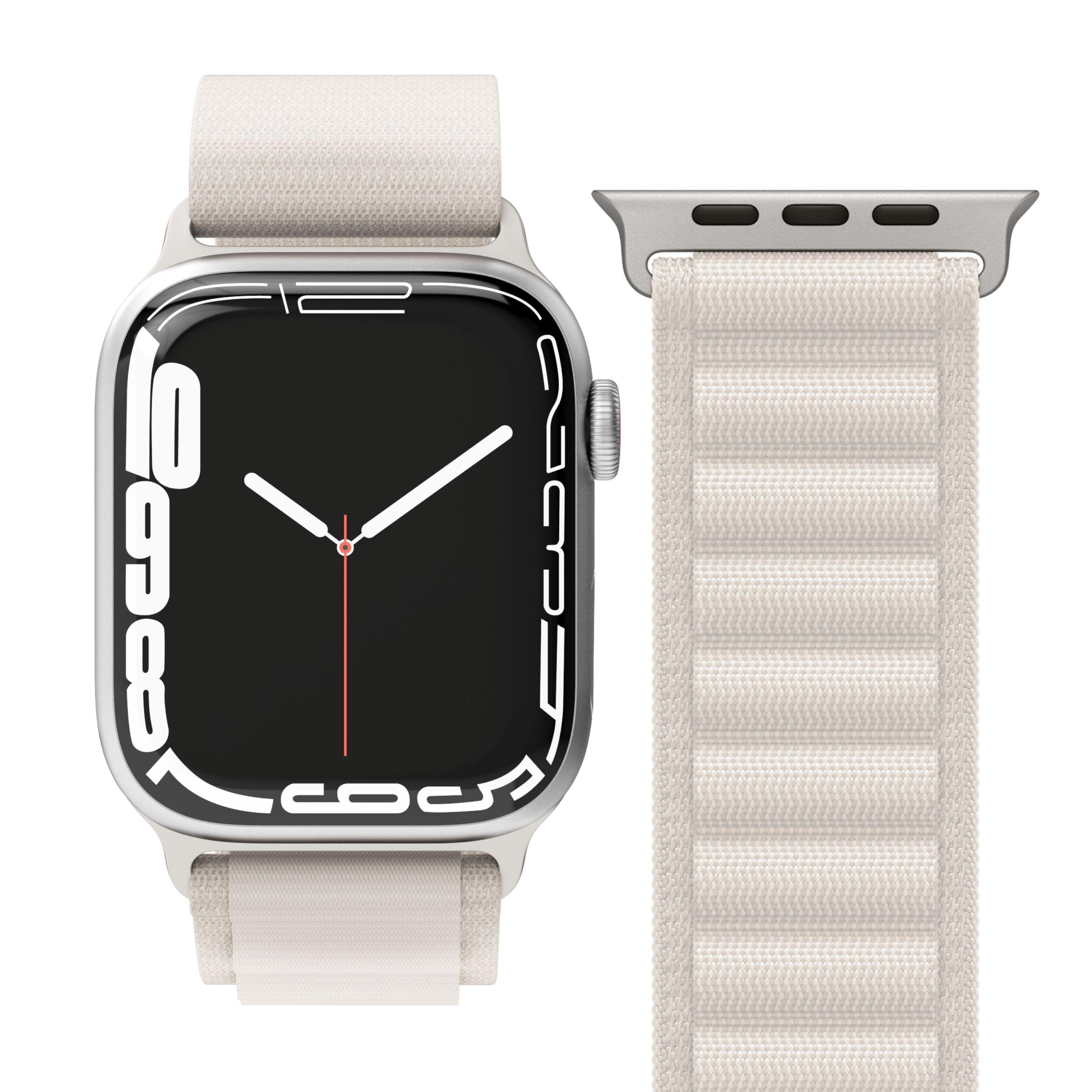 Apple Watch mit hellbeige Band. Das Zifferblatt zeigt die Uhrzeit.