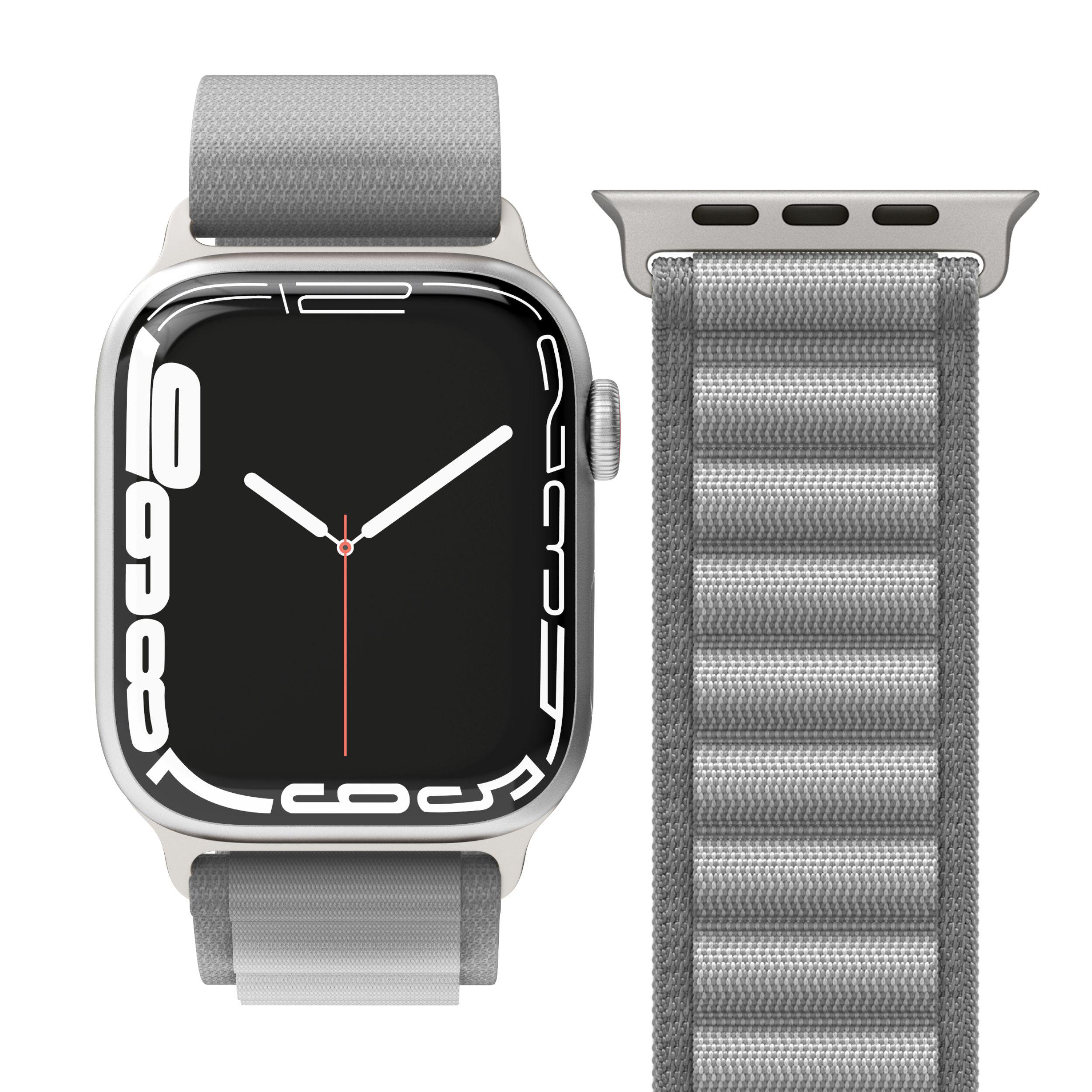 Rückseite einer silbernen Apple Watch mit schwarzem, geriffeltem Armband.
