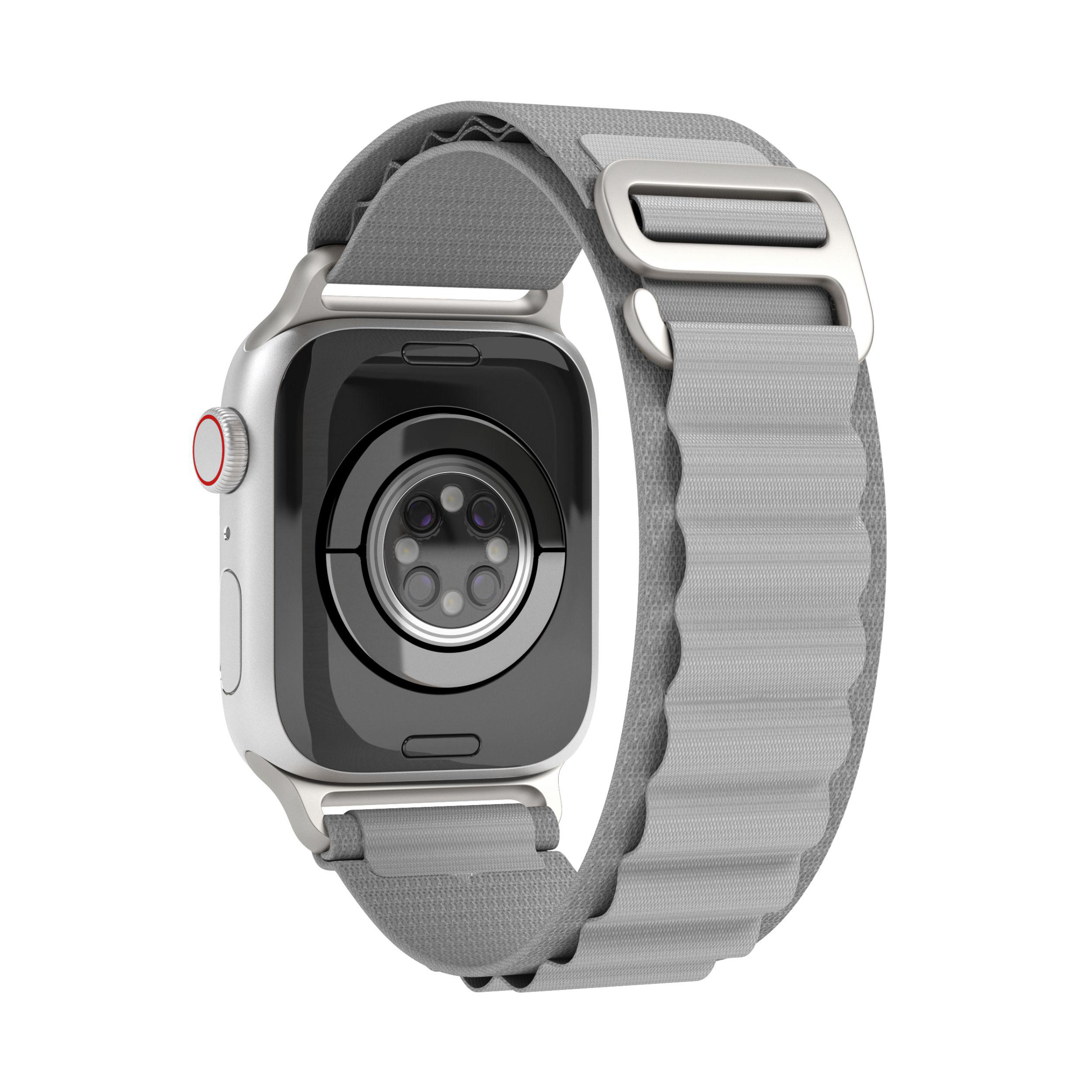 Eine silberne Smartwatch mit grauem Armband, von hinten betrachtet, vor weißem Hintergrund.