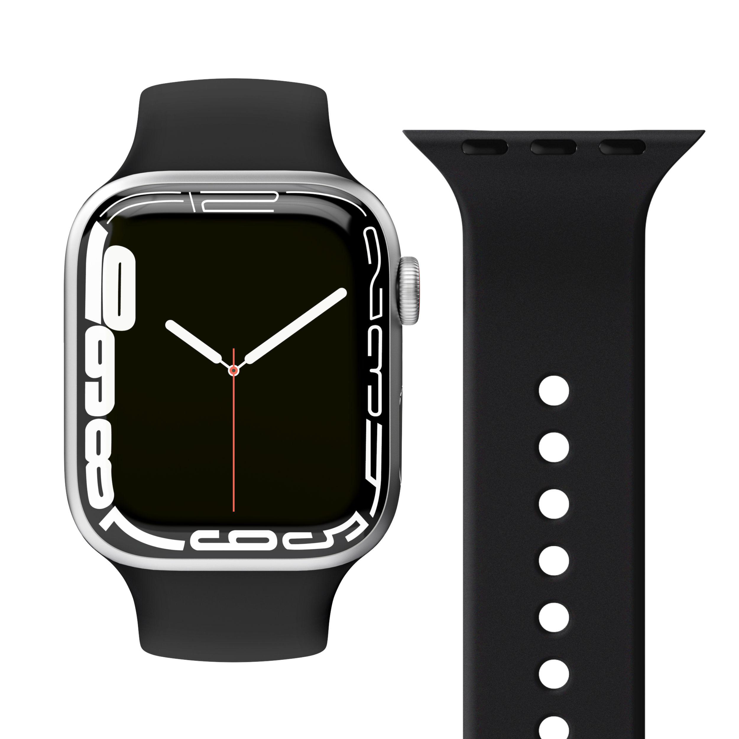 Silberne Apple Watch mit schwarzem Armband, Zeit: 10:09.