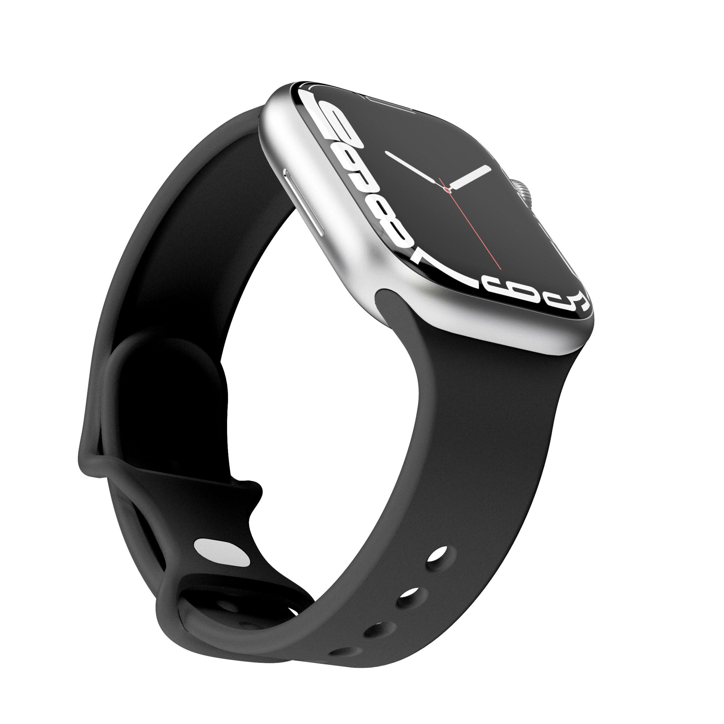 Silberne Apple Watch mit schwarzem Armband, angewinkelt, zeigt das Zifferblatt.
