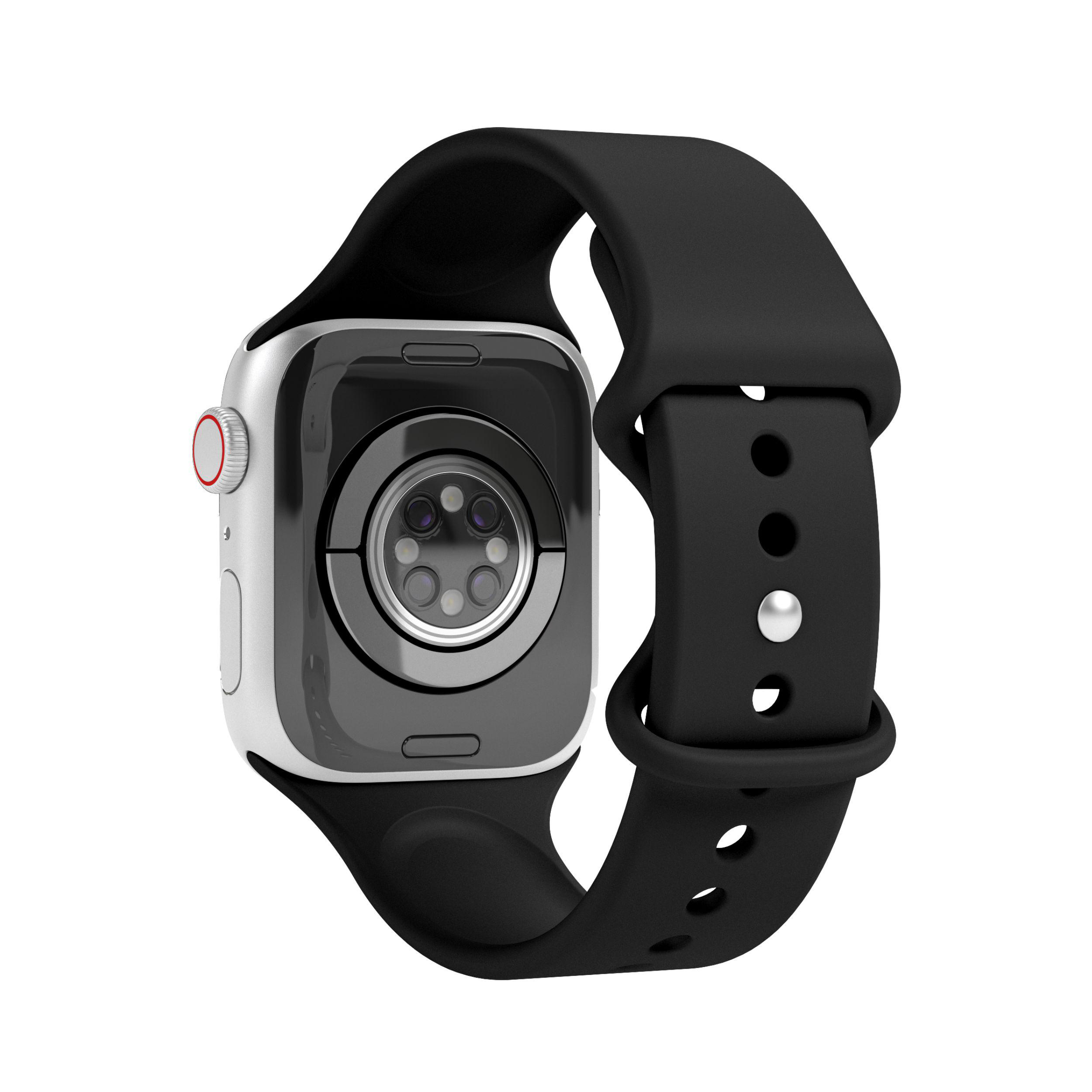 Silberne und schwarze Smartwatch, die Rückseite zeigend. Das schwarze Armband ist befestigt.