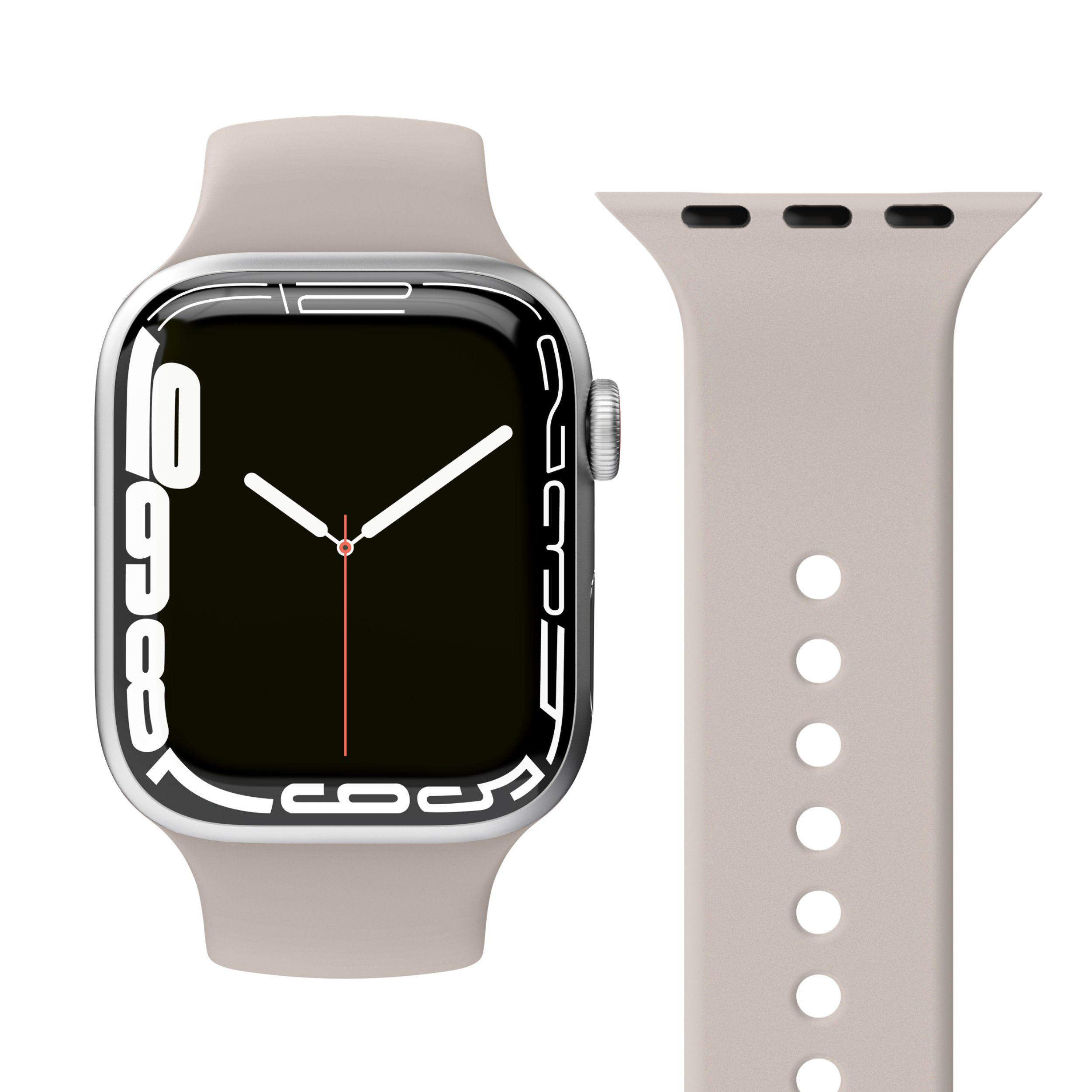Hellgraue Smartwatch mit hellgrauem Armband.