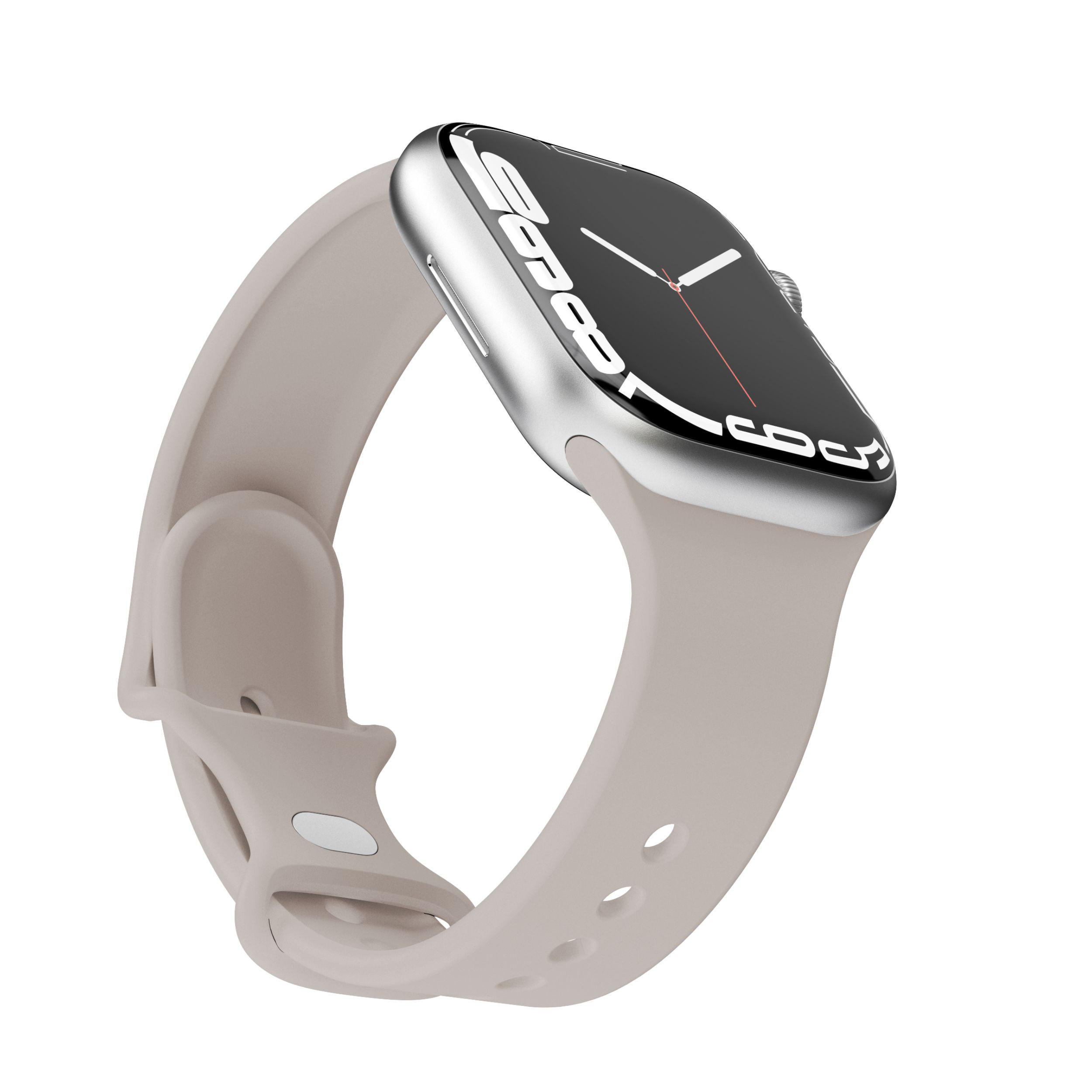 Eine Apple Watch mit silbernem Gehäuse und hellrosa Armband.
