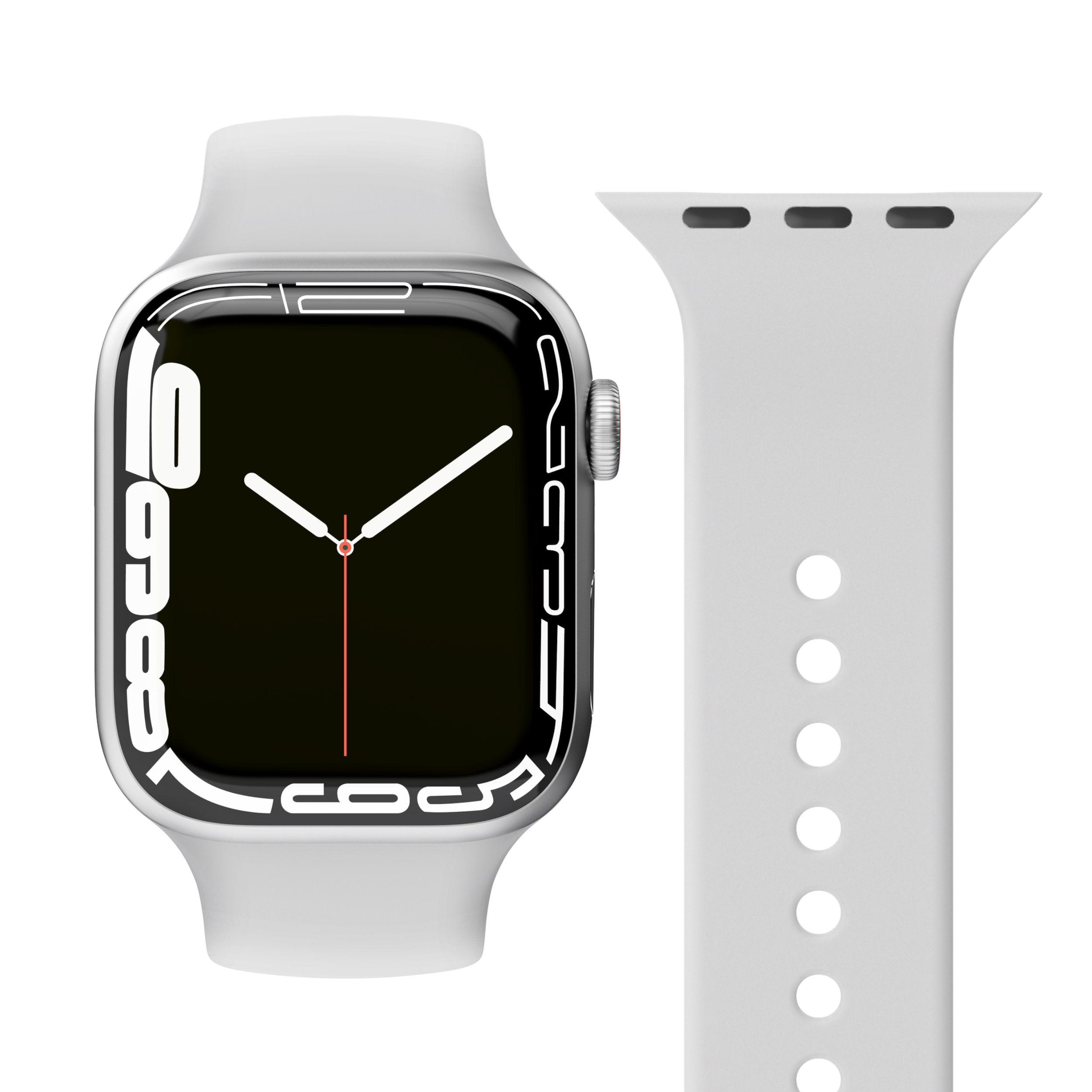 Eine silberne Smartwatch mit schwarzem Bildschirm. Das Armband ist hellgrau. Der Hintergrund ist weiß.