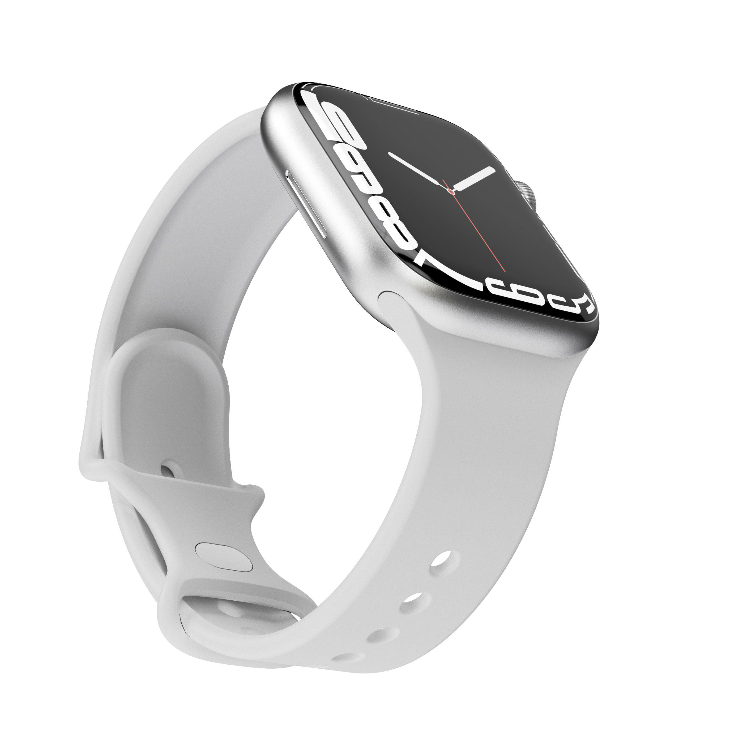 Silberne Smartwatch mit weißem Armband, schräge Ansicht auf weißem Hintergrund.