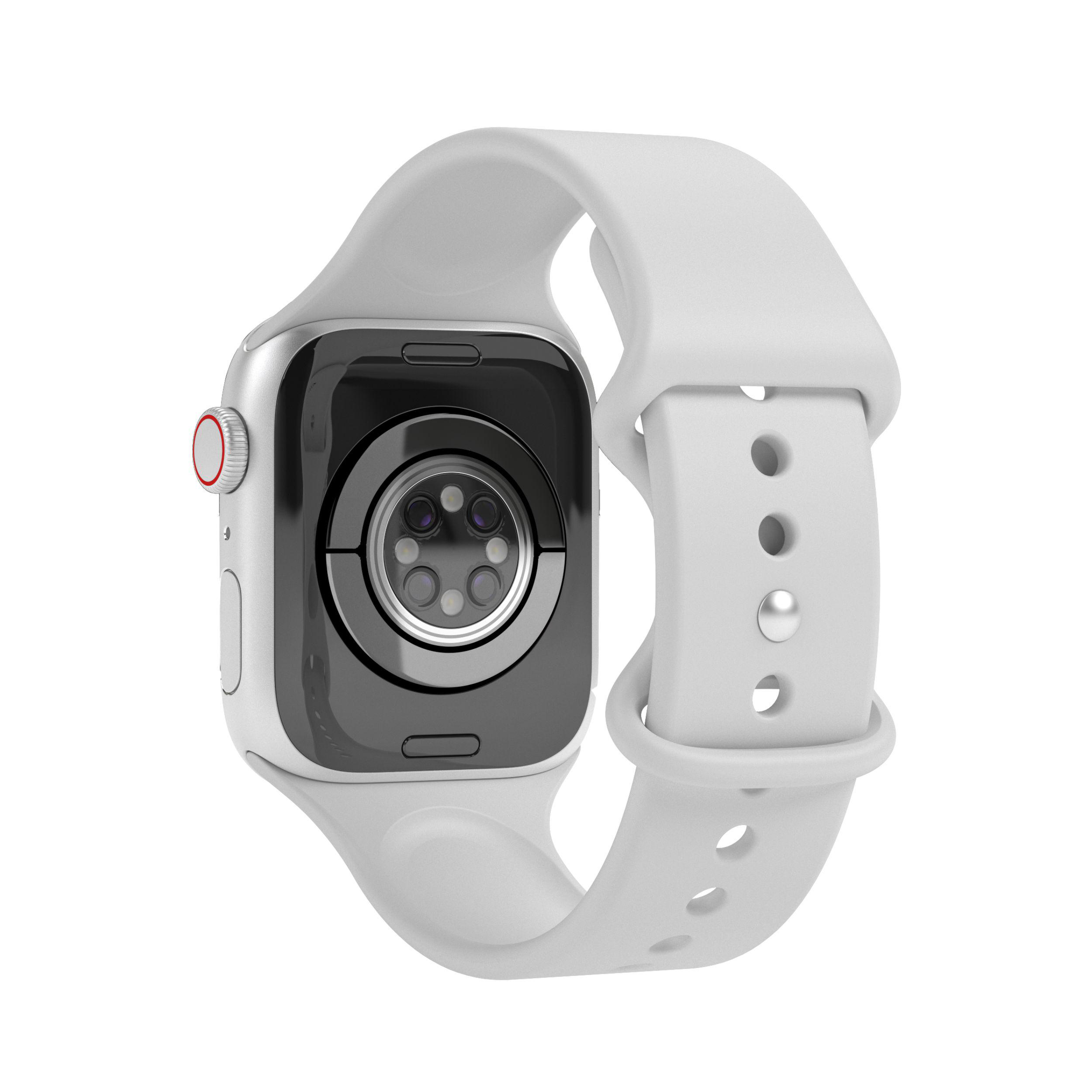 Eine weiße Smartwatch von hinten. Sie hat ein weißes Armband und einen schwarzen Sensor. Der Hintergrund ist weiß.