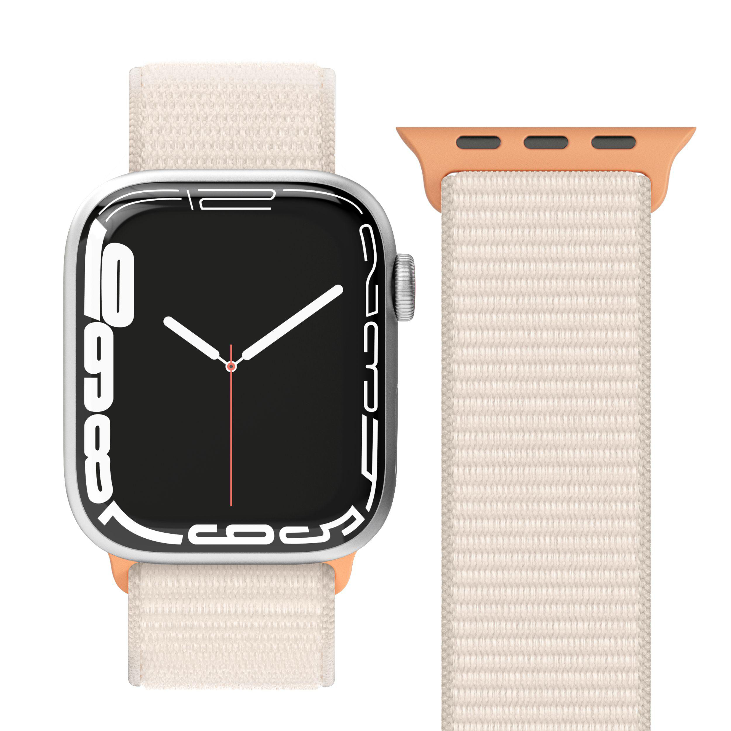 Eine Apple Watch mit cremefarbenem Stoffarmband. Das Zifferblatt ist schwarz mit weißen Ziffern und einem weißen Zeiger.