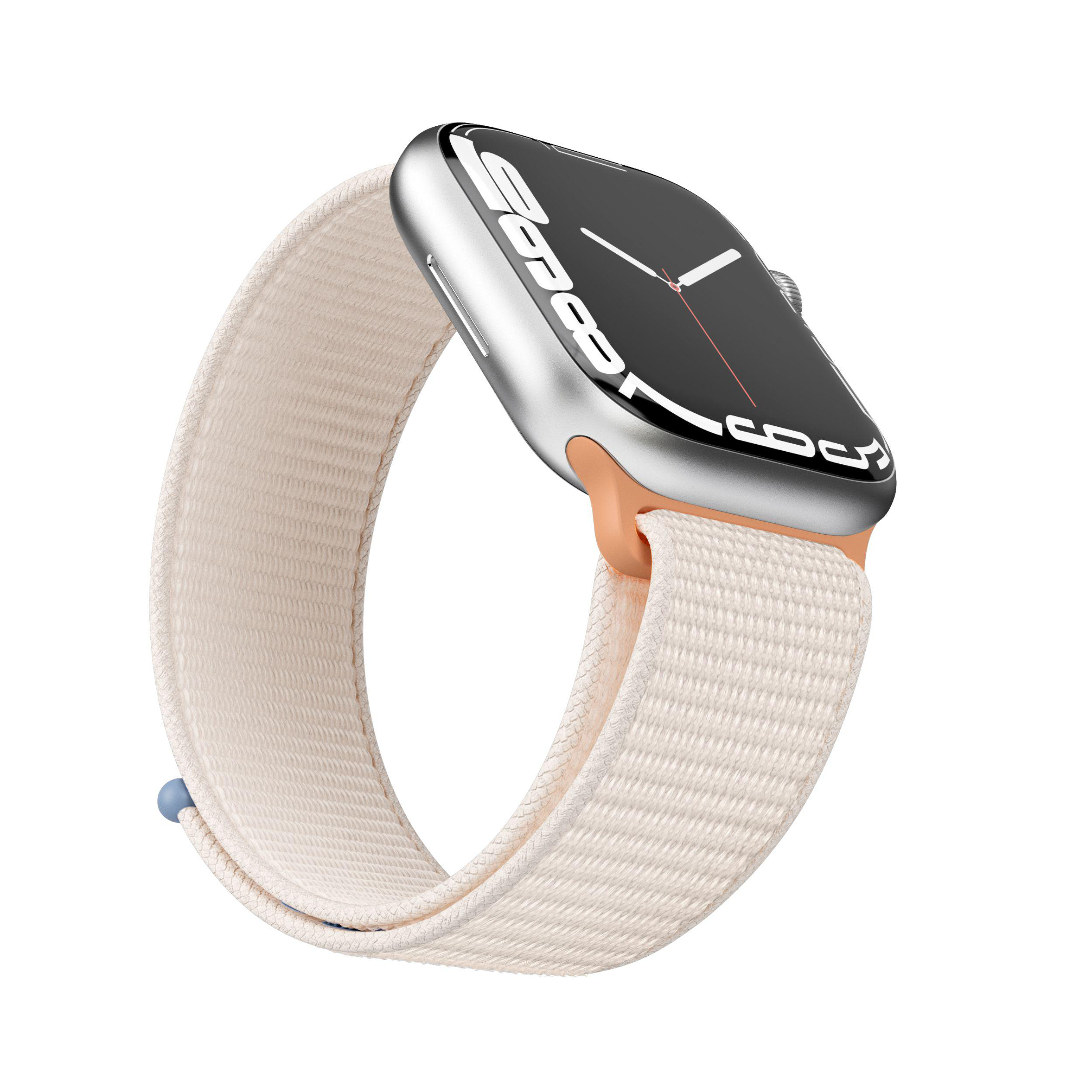 Silberne Apple Watch mit weißem Stoffband. Das Zifferblatt ist schwarz.