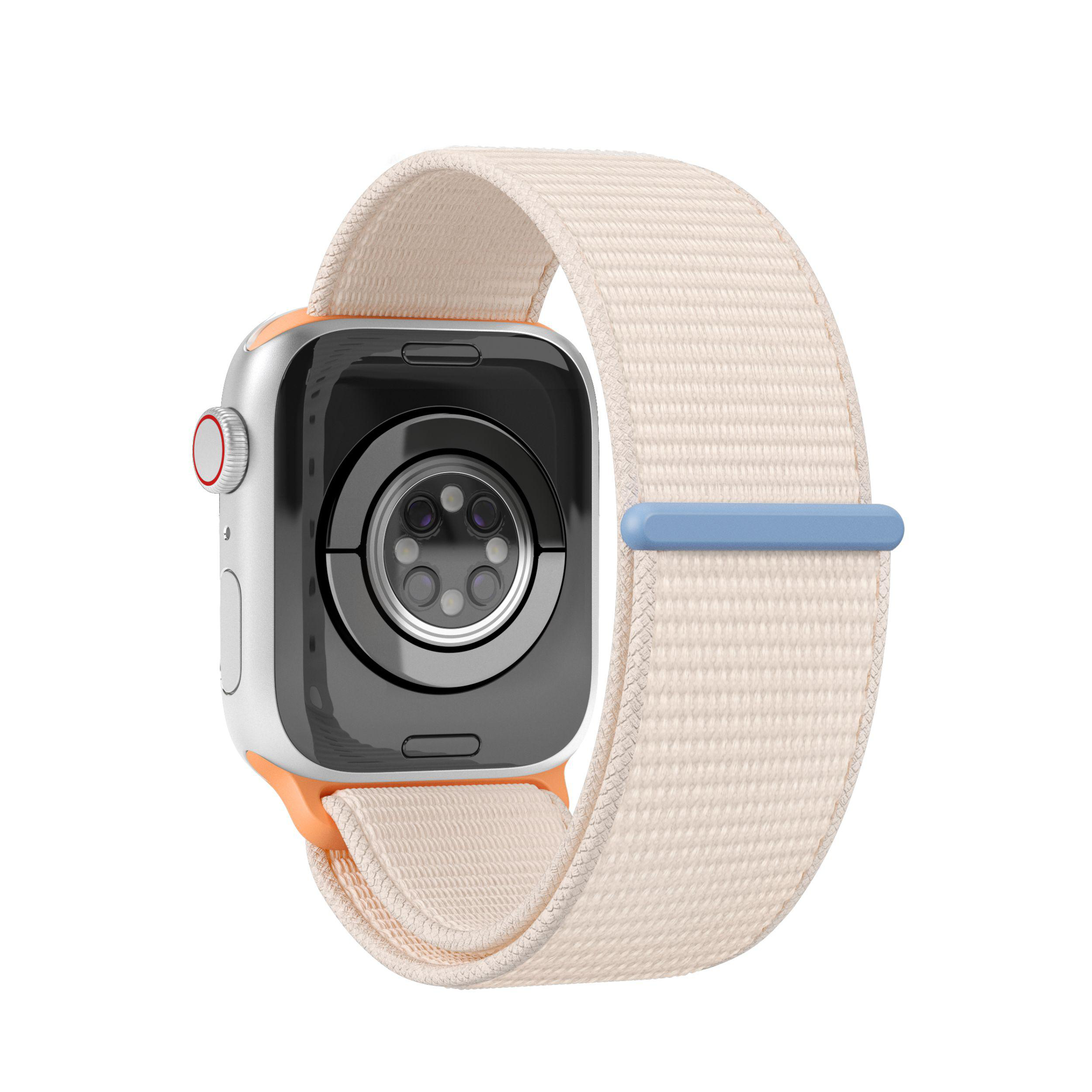 Apple Watch von hinten mit hellbeigem Band und orangefarbenen und blauen Akzenten.