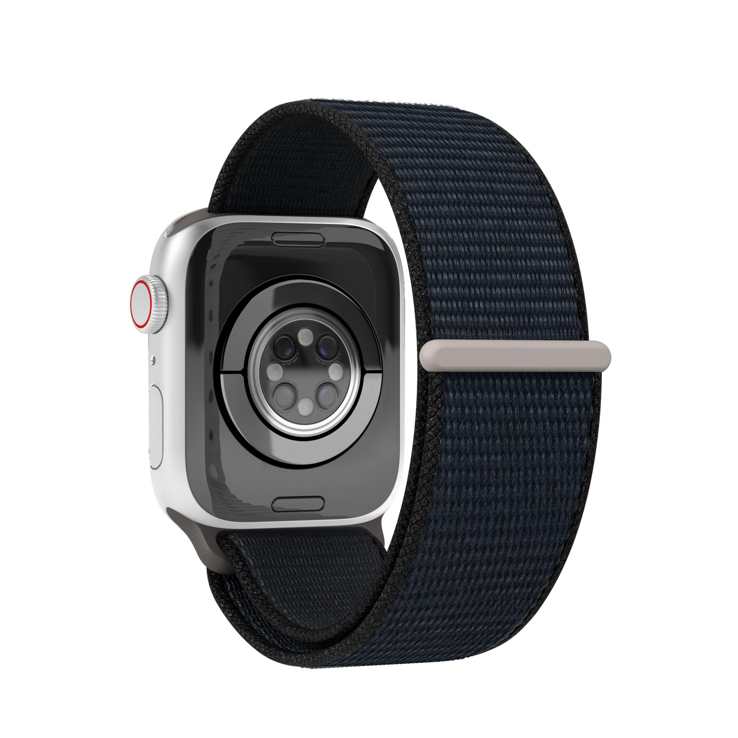 Apple Watch von hinten mit marineblauem Band. Die Sensoren der Uhr sind sichtbar.