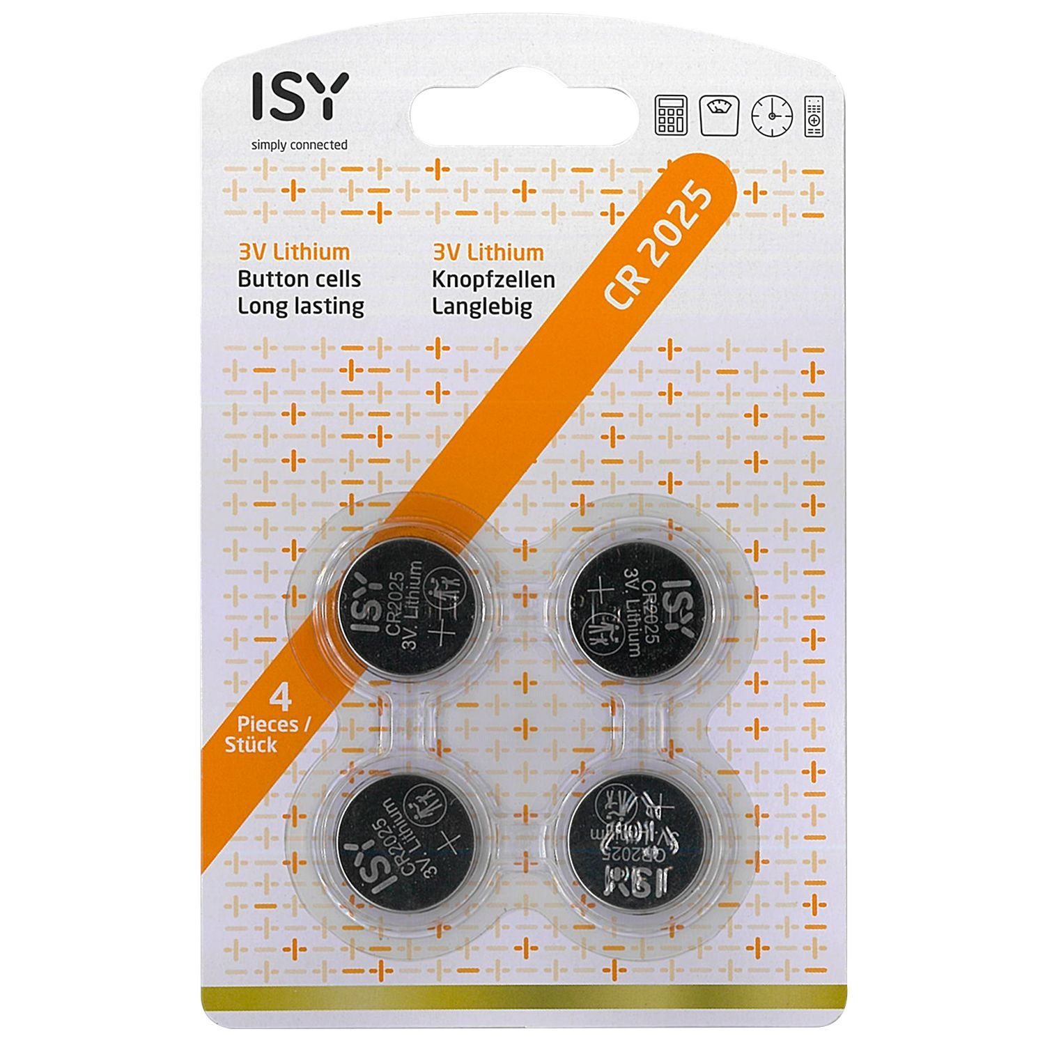 Four CR 2025 lithium button cells in a blister pack. The pack is orange and white with black text.