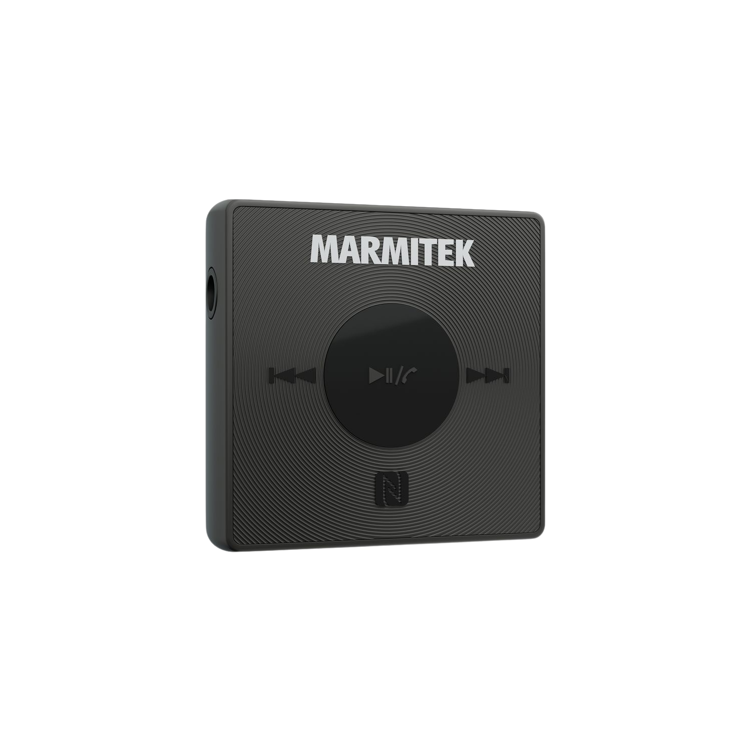 Appareil Bluetooth gris carré, logo Marmitek et boutons de commande. Fond noir.