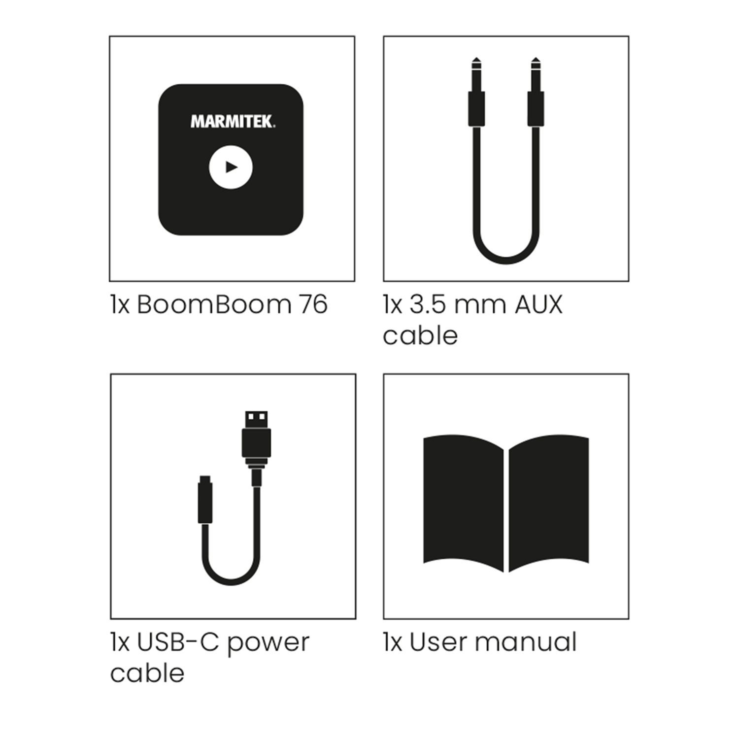 Emballage de produit noir et blanc avec quatre icônes et du texte.