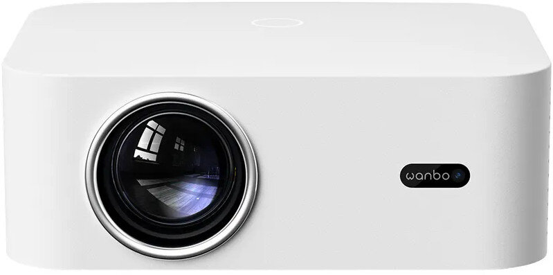 Biały projektor Wanbo z obiektywem i logo Wanbo. Projektor ma gładką, kanciastą konstrukcję.
