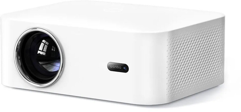 Biały prostokątny projektor z obiektywem, przyciskiem i wentylacją.