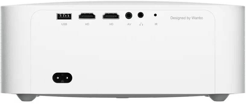 Tył białego projektora. Widoczne USB, HD, AV i inne porty. Wejście zasilania.