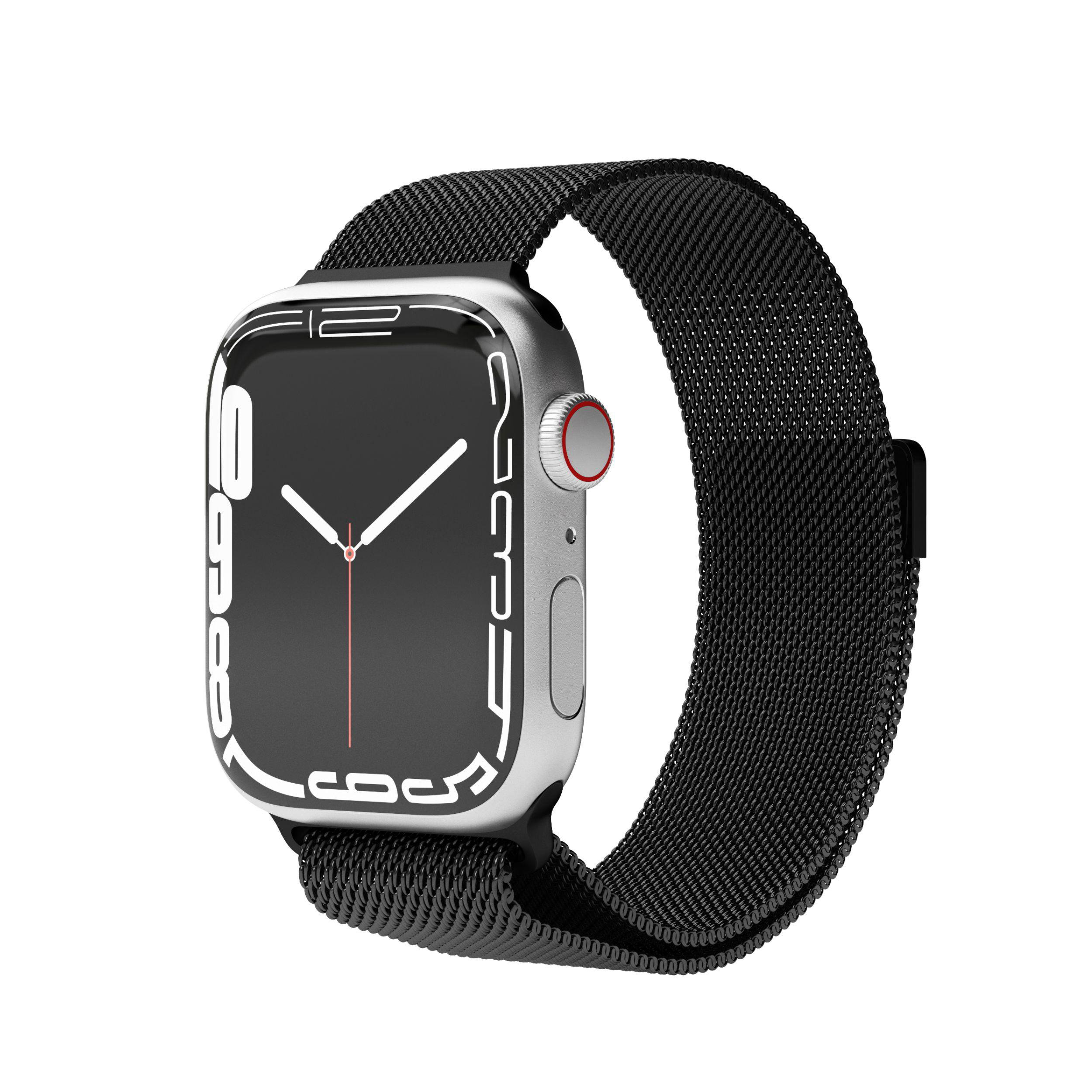 Silberne Apple Watch mit schwarzem Armband. Der Bildschirm zeigt Zeit und Details.