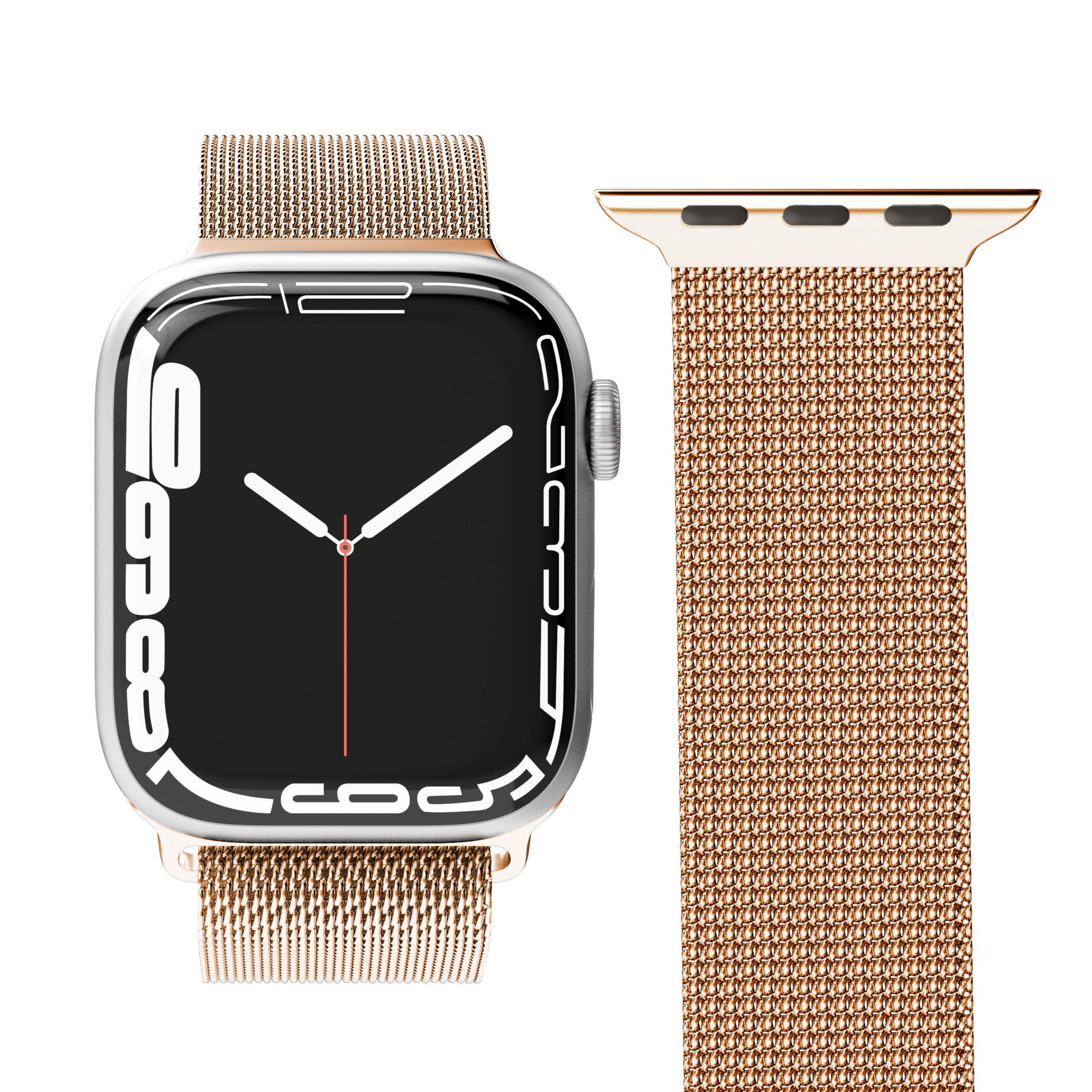 Roségoldene Apple Watch mit roségoldenem Mesh-Armband. Die Uhrzeit ist 10:09. Das Band ist separat.
