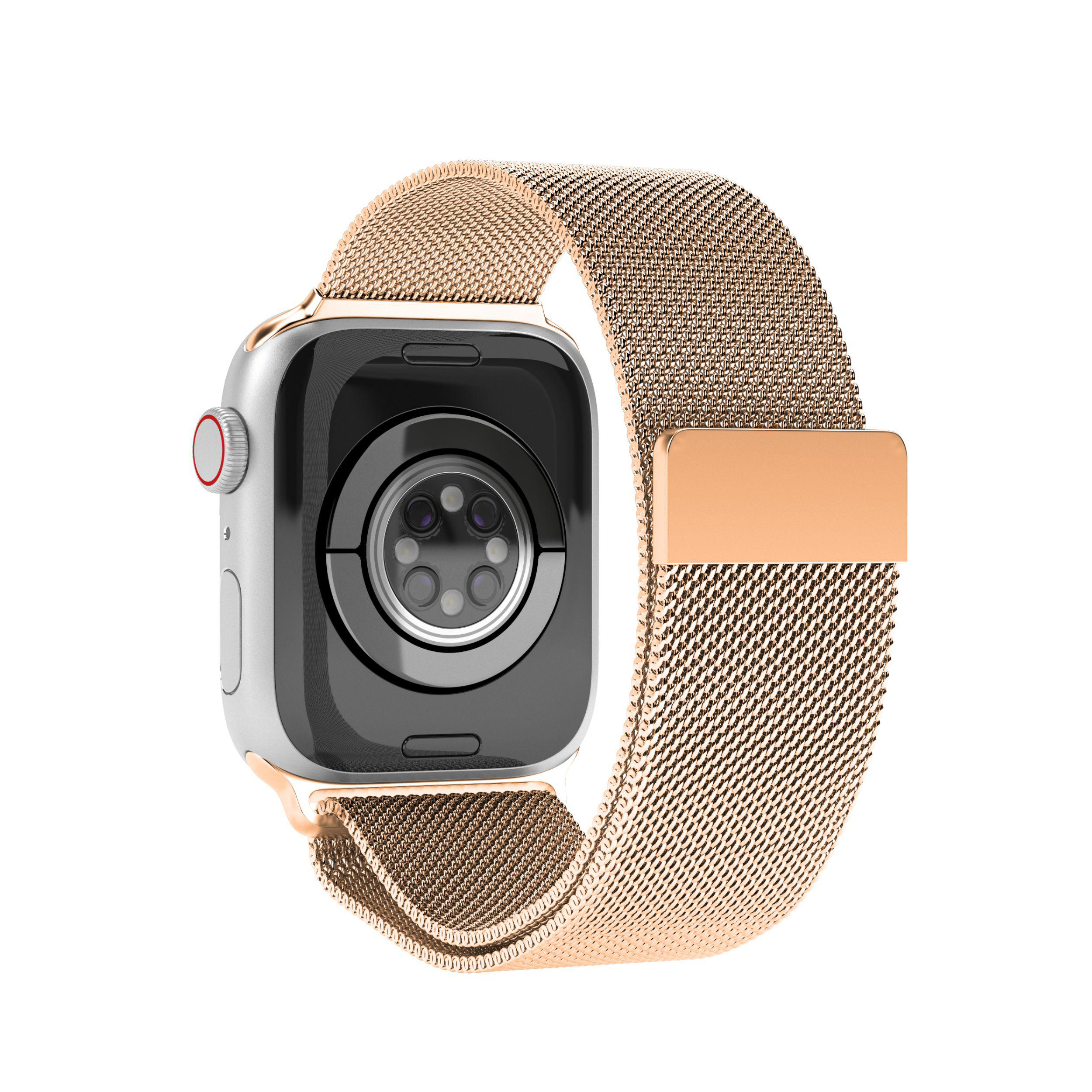 Rückseite einer silbernen Apple Watch mit roségoldfarbenem Mesh-Armband, Sensoren sichtbar.