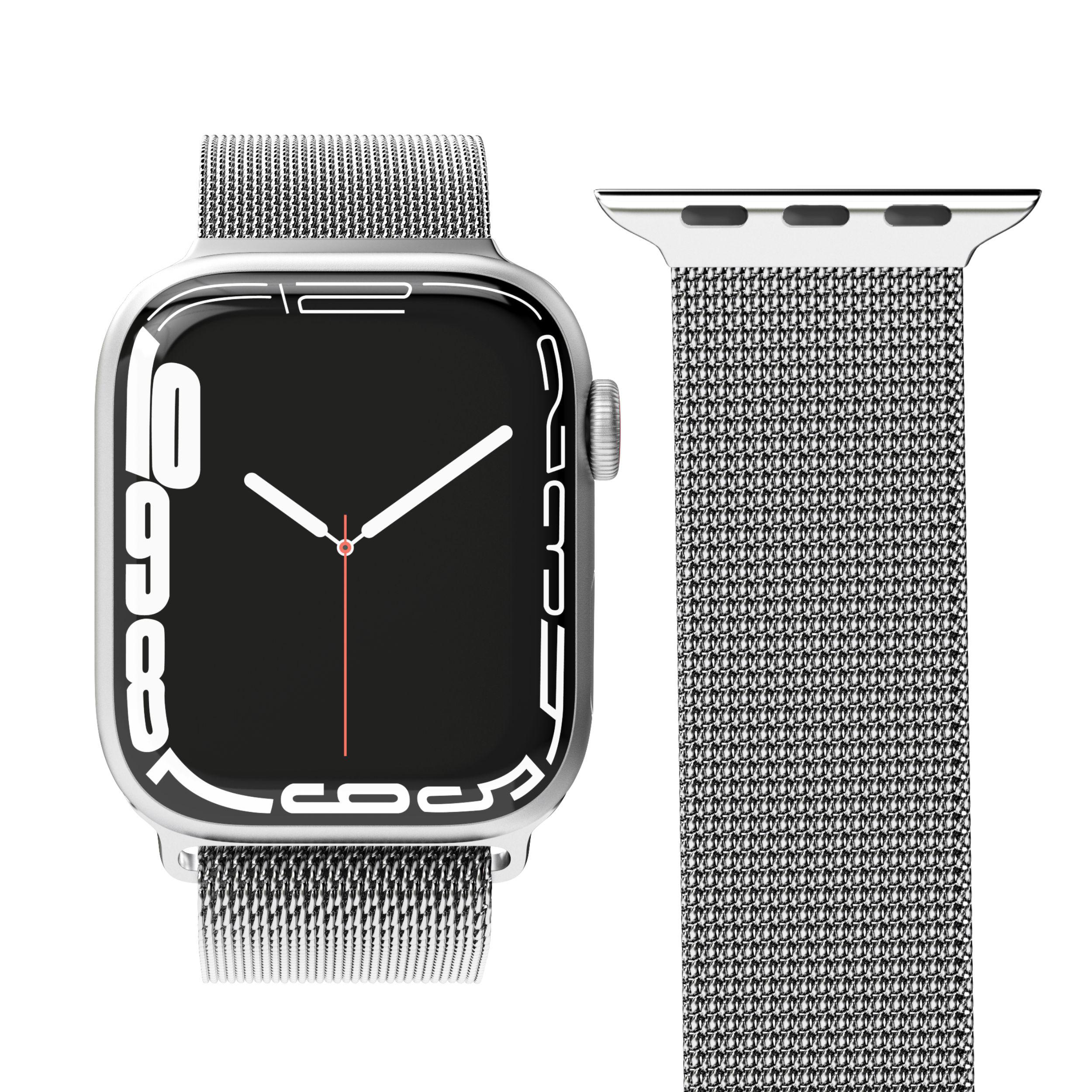 Silberne Smartwatch mit Mesh-Armband. Schwarzes Zifferblatt zeigt Zeit mit weißen Zahlen.