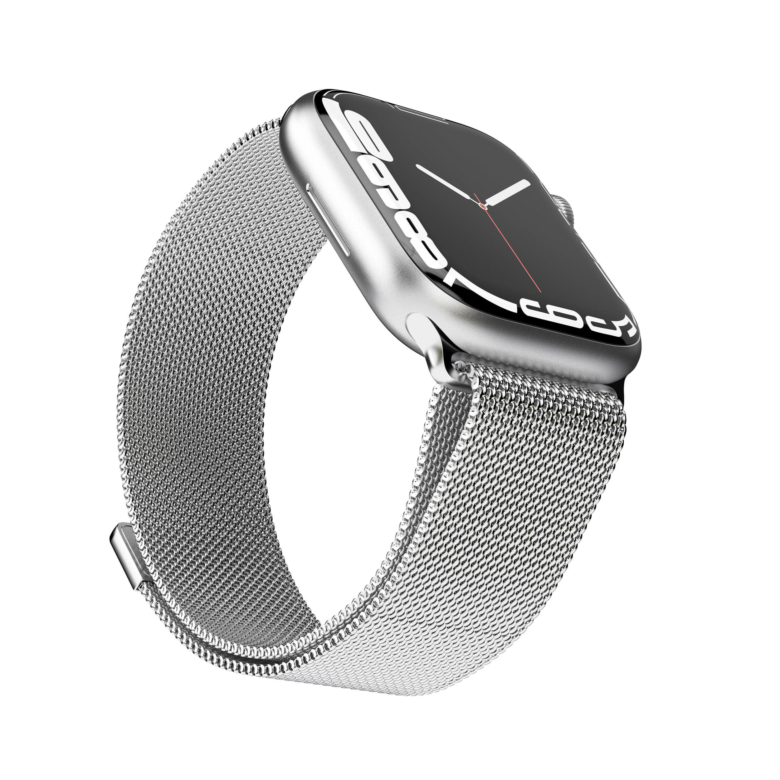 Silberne Smartwatch mit silbernem Mesh-Armband.