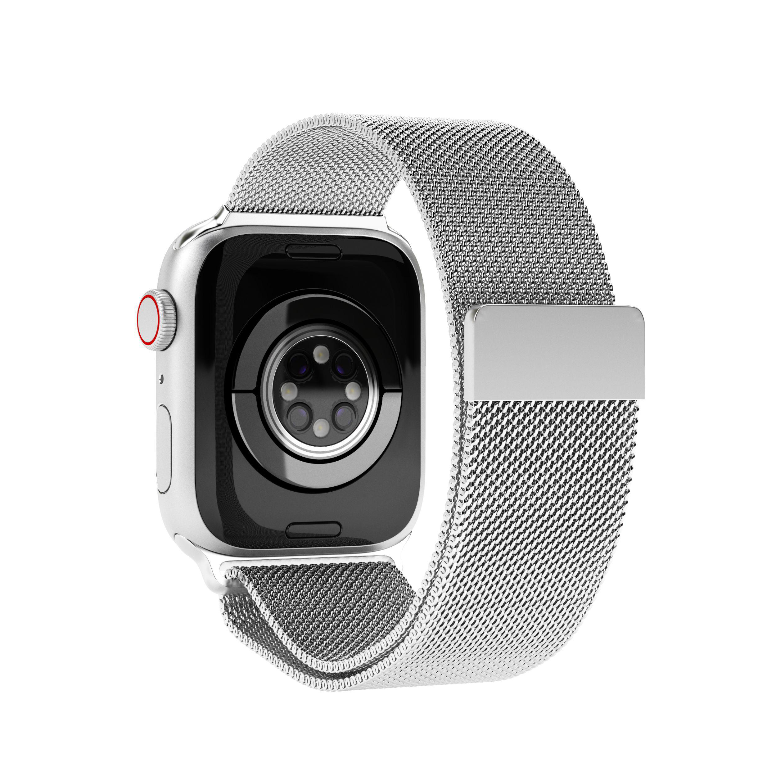 Silberne Apple Watch mit Metallgeflechtarmband, die Rückseite ist sichtbar.