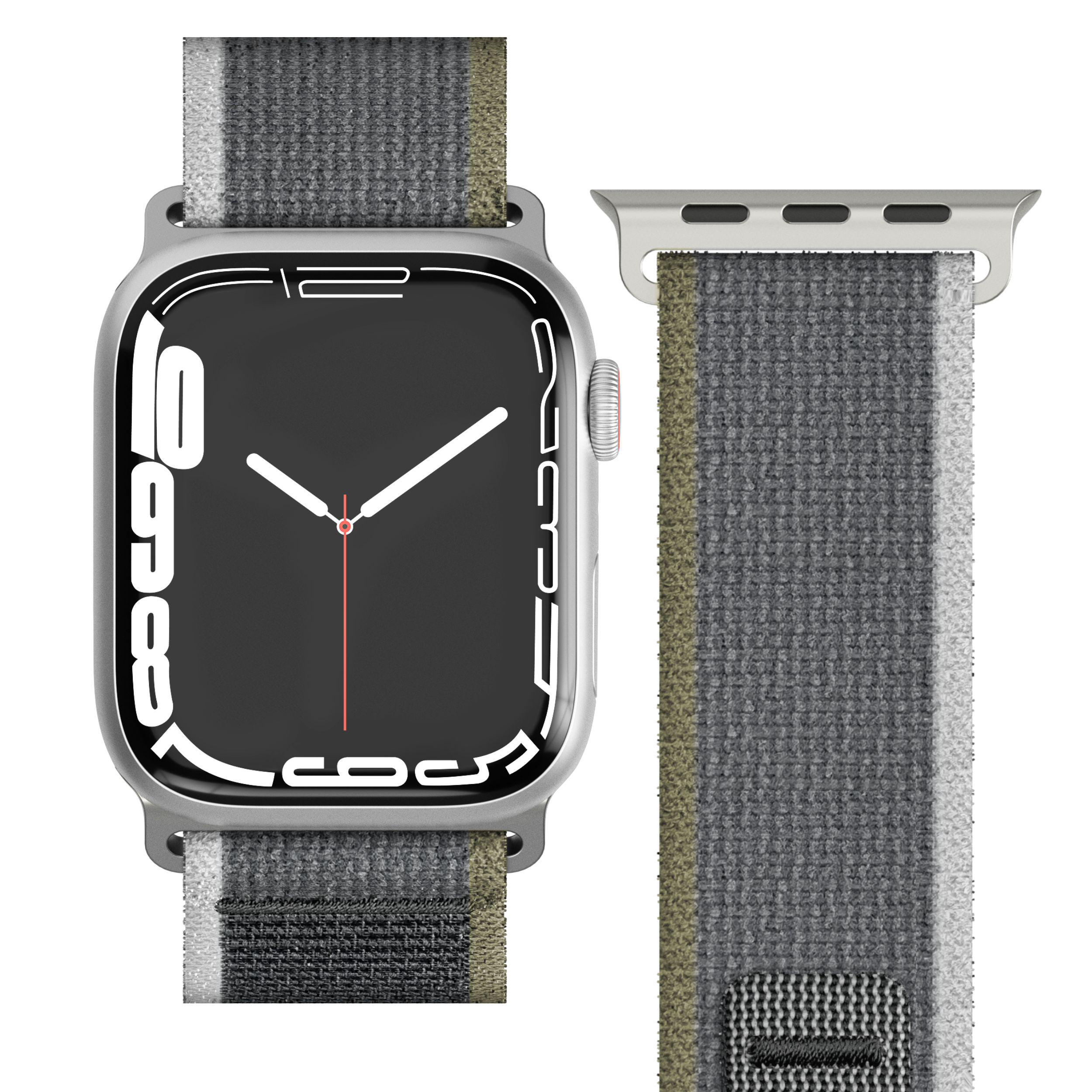 Nahaufnahme einer Smartwatch mit silbernem Gehäuse und grau-weiß gestreiftem Band. Die Uhr zeigt Zeit.