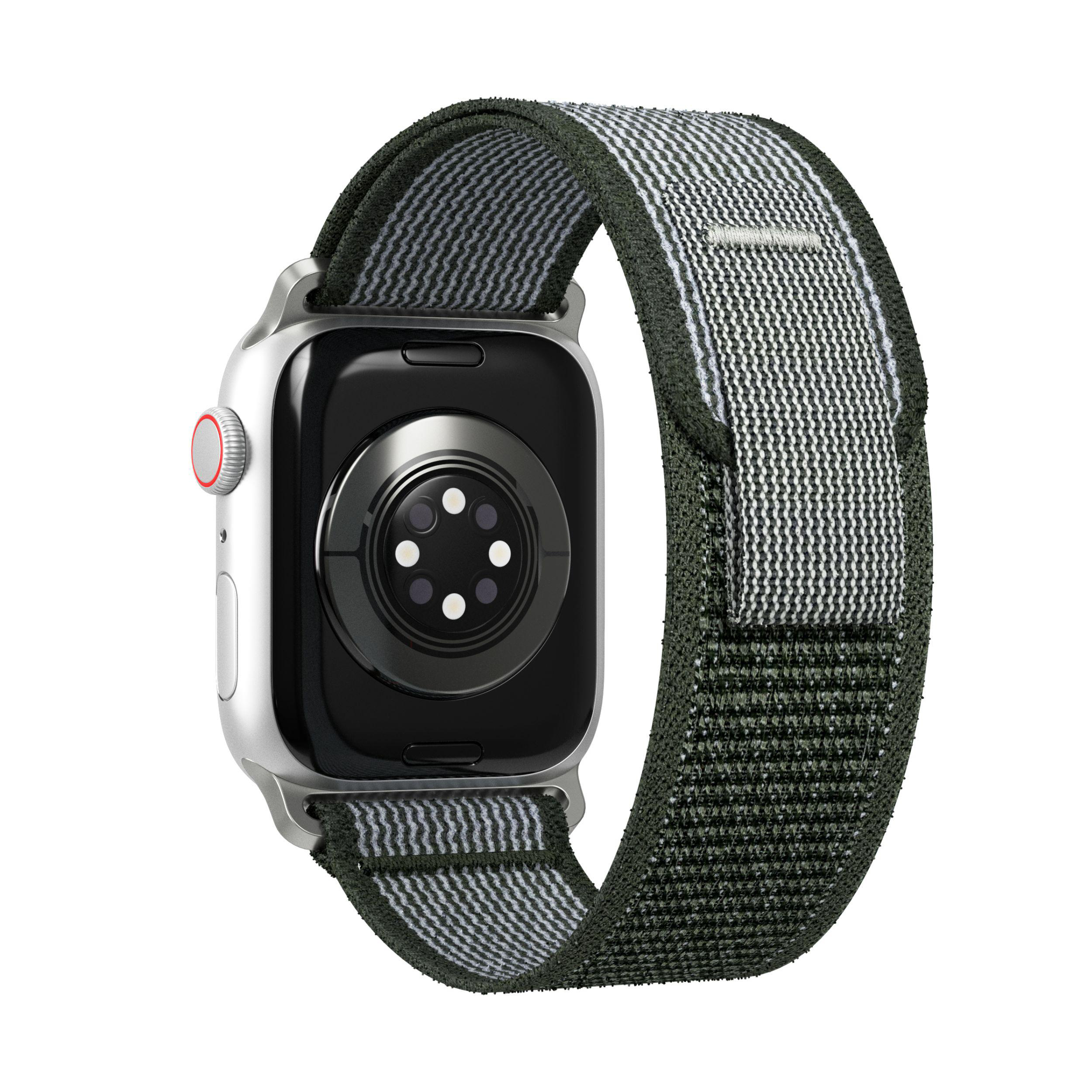 Apple Watch mit grün-grauem Armband.