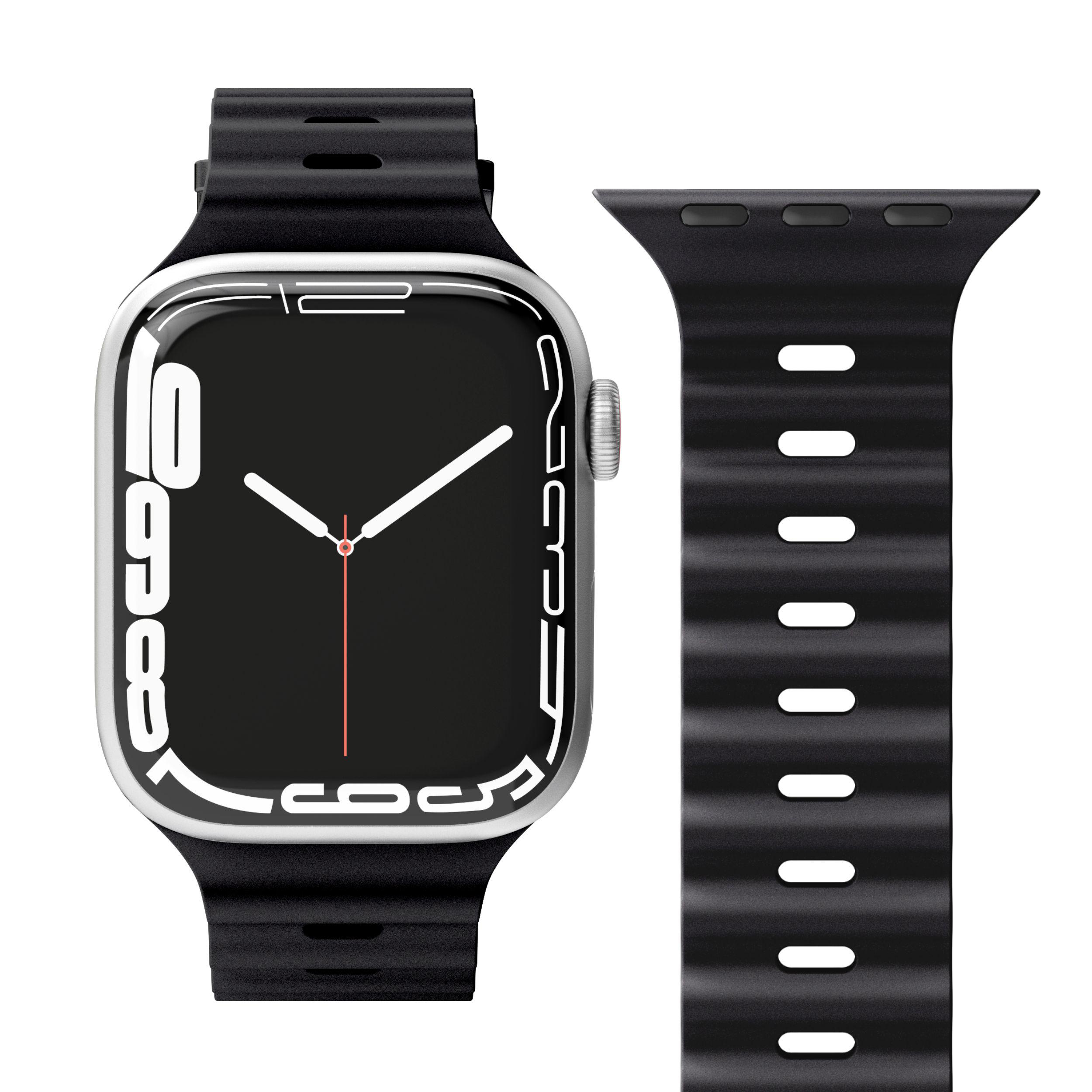 Silberne Apple Watch mit schwarzem Sport Loop Band.