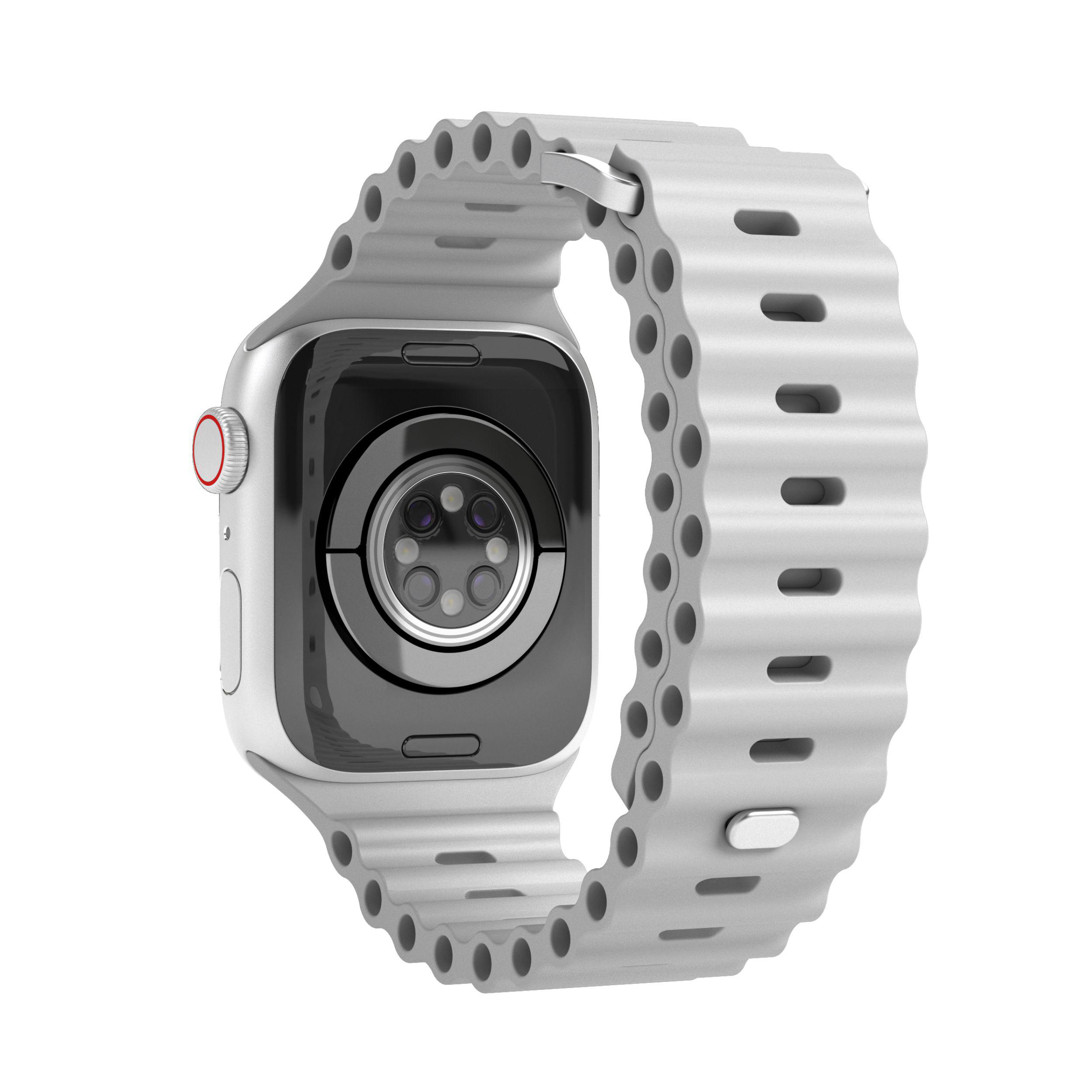 Silberne Apple Watch mit weißem, strukturiertem Armband. Rückseite der Uhr sichtbar.
