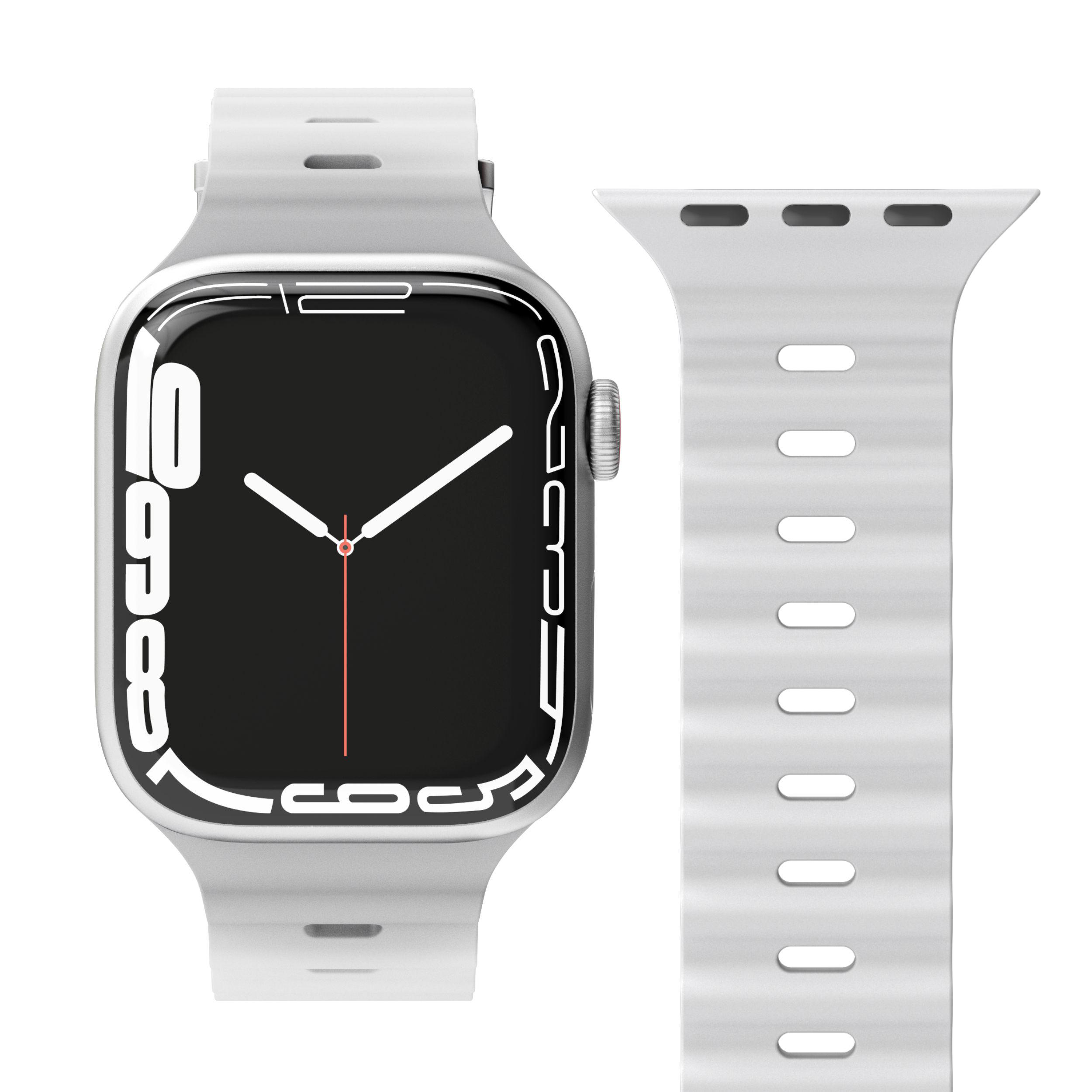 Eine silberne Smartwatch mit schwarzem Bildschirm und weißem Armband.