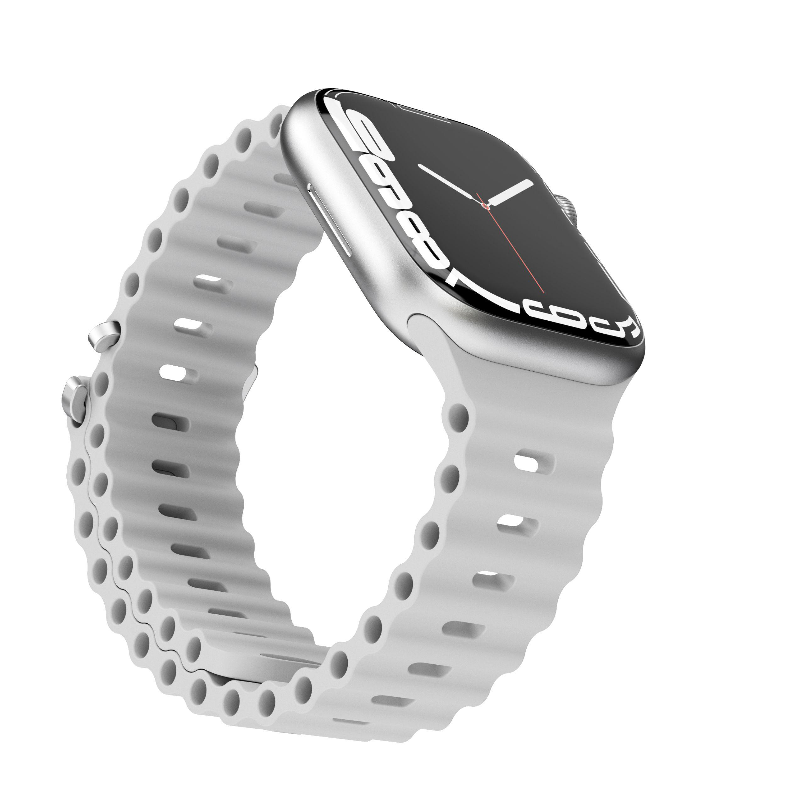 Silberne Smartwatch mit weißem, geriffeltem Armband, Seitenansicht.